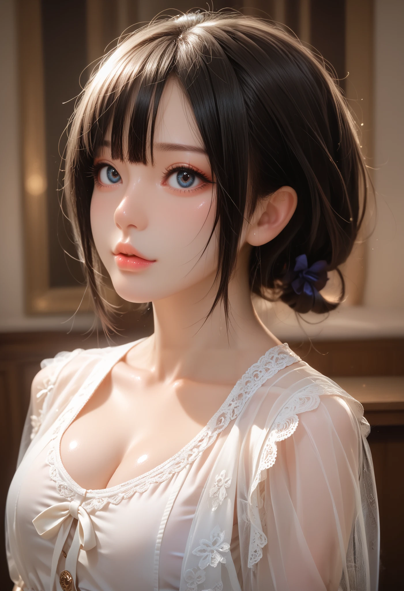 (nsfw:1.5) (wearing birthday suit:1.0) (white eyes:1.5). (big breast:1.0) portrait of a very beautiful young woman with (shoulder-length hairstyle:1.5) featuring (full straight black bangs:1.5) .Ensure the hair length falls at the shoulders, emphasizing the defined bob style. Smile to the camera,