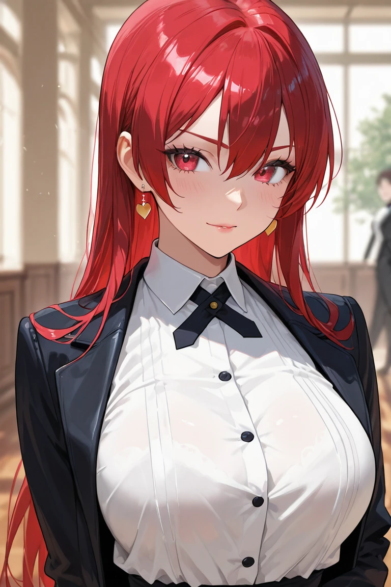 An anime girl with red hair and blue eyes wearing a skirt and an open shirt revealing a black and red bra