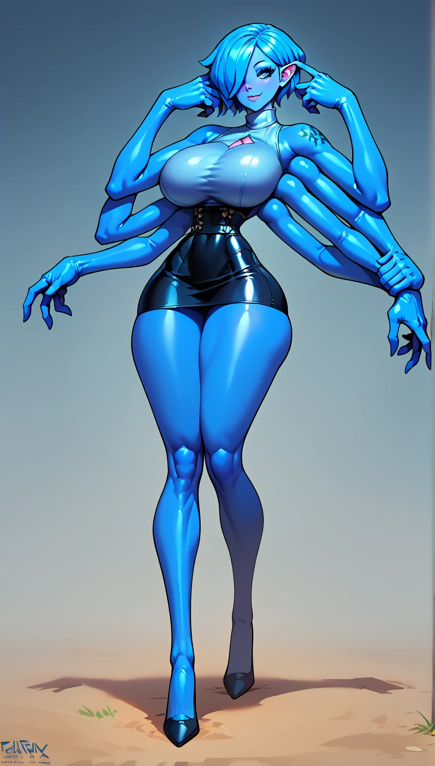 Tall, (thin), Blue Skin Twi'lek with (topless, huge breasts) wearing panties, huge breasts, tall, graceful, (tall), slim hips, small waist, full-body shot