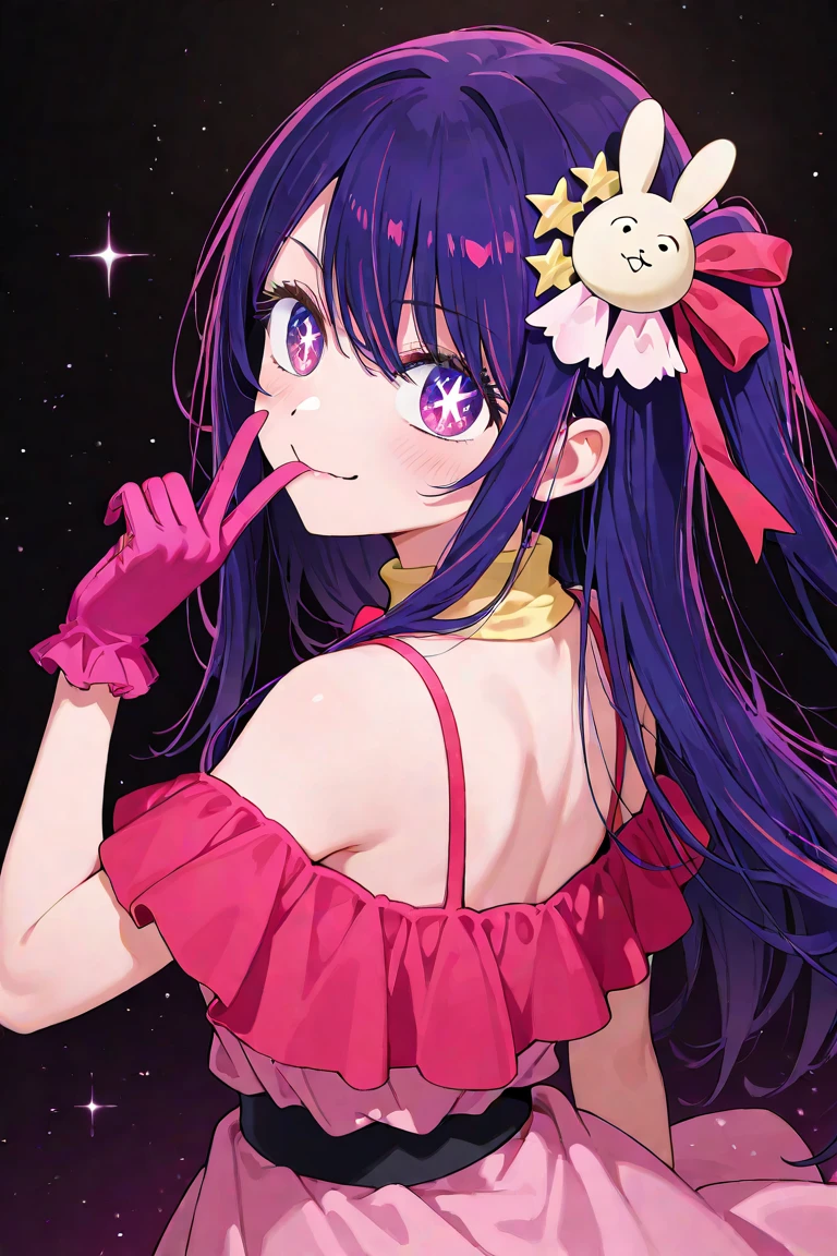 (masutepiece, Best Quality), ((1girl in, (Mature), Hoshino Ai, ), (Dark purple hair, Long hair, striated hair, Beautiful hair, Hair Ornament), (Purple eyes, star-shaped pupils, +_+, Symbol-shaped_Pupils, glinting_Eyes, Beautiful eyes, Eye Highlights, Sharp eyes), (Looking at the viewer, Smile, Floral Bikini、Large breasts)), (simplier background, Dark background, the beach), (Abstract Art, hight resolution, chromatic abberation), (),