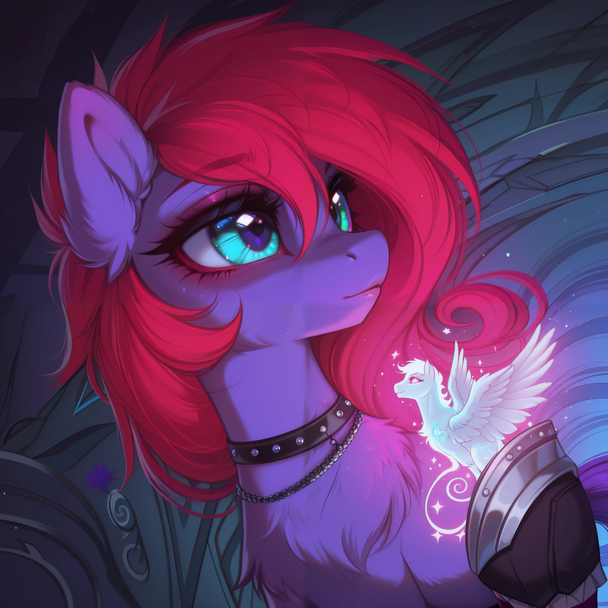 (score_9,score_8_up,score_7_up,score_6_up,score_5_up,score_4_up) black and pink punk pony, glowing, whimsical, enchanted, magical, fantasy art concept, intricate details,