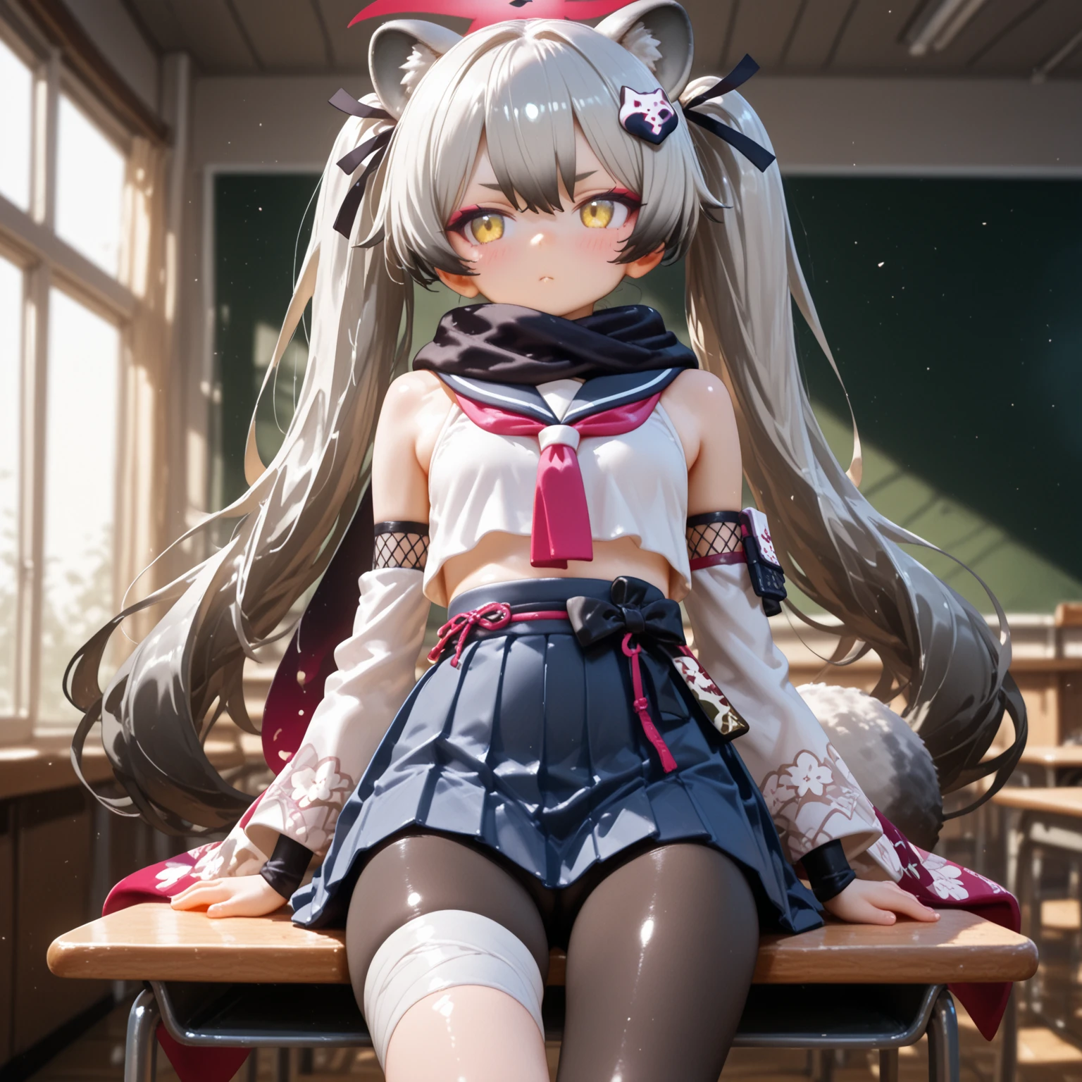 highest quality、masterpiece、((1 girl:1.5))、(())、(blush:1.5)、(smile)、((fun!!))、cute、Dog ears、(Silver Hair)、、high school girl、((classroom:1.5))、()、、Kamimei、look at me、(No underwear:1.3)、((Shaved:1.5)), ((Red bow tie, , Black jacket, Open jacket, White cardigan, White shirt, Black Skirt, Checkered Skirt、Black socks))、 (No underwear:1.3)、((Shaved:1.5))、(highly detailed closed labia:1.5)、((Peeing is occurring:1.8))、peeing、Light blue eyes、long hair