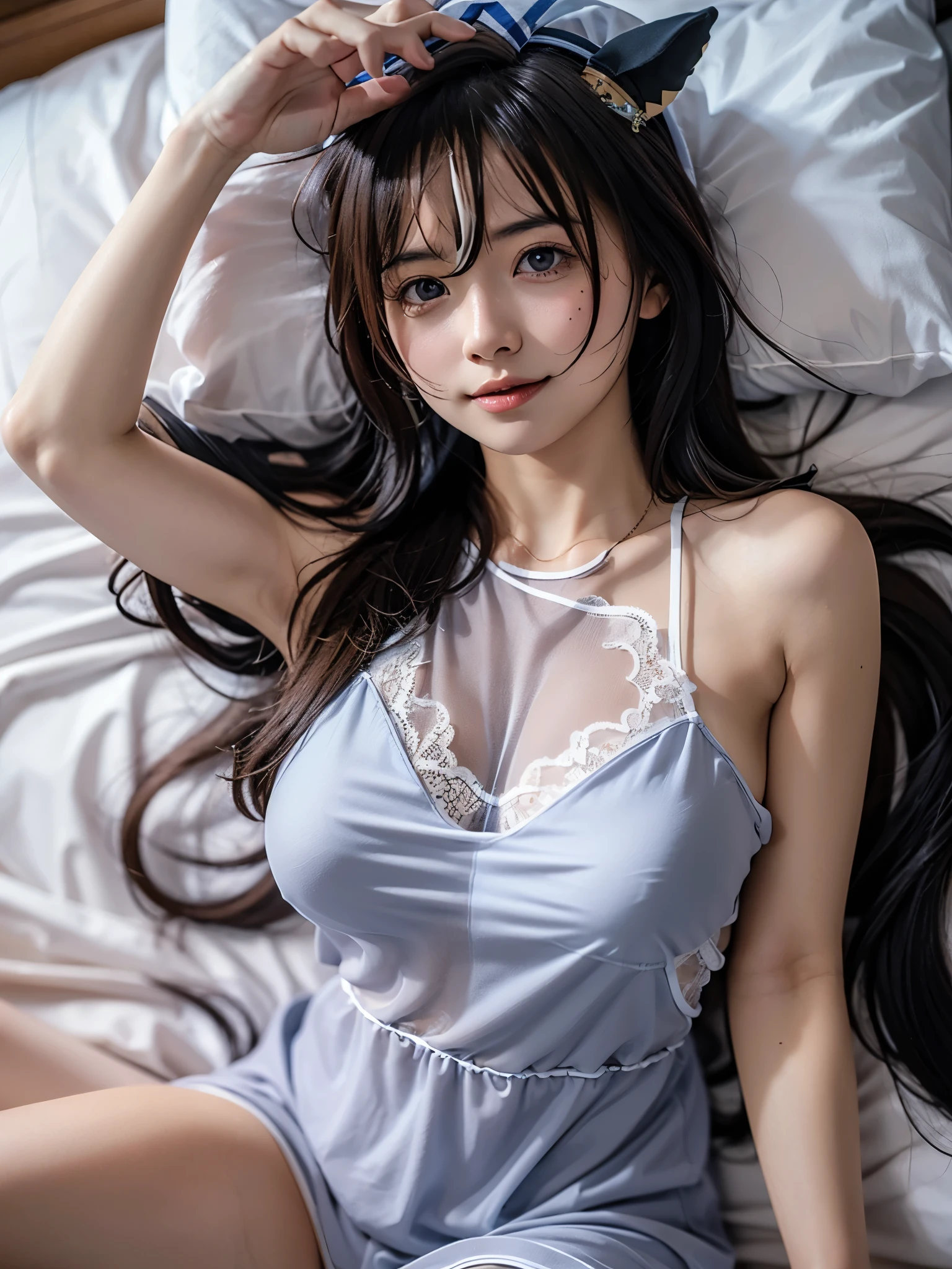 bare shoulders, dress, Best quality,Ultra-detailed,Realistic,A high resolution,Portrait,Beautiful woman, Palatial bed,ornate bed,Flawless makeup,suns rays,Beauty,elicate and refined,Stunning,