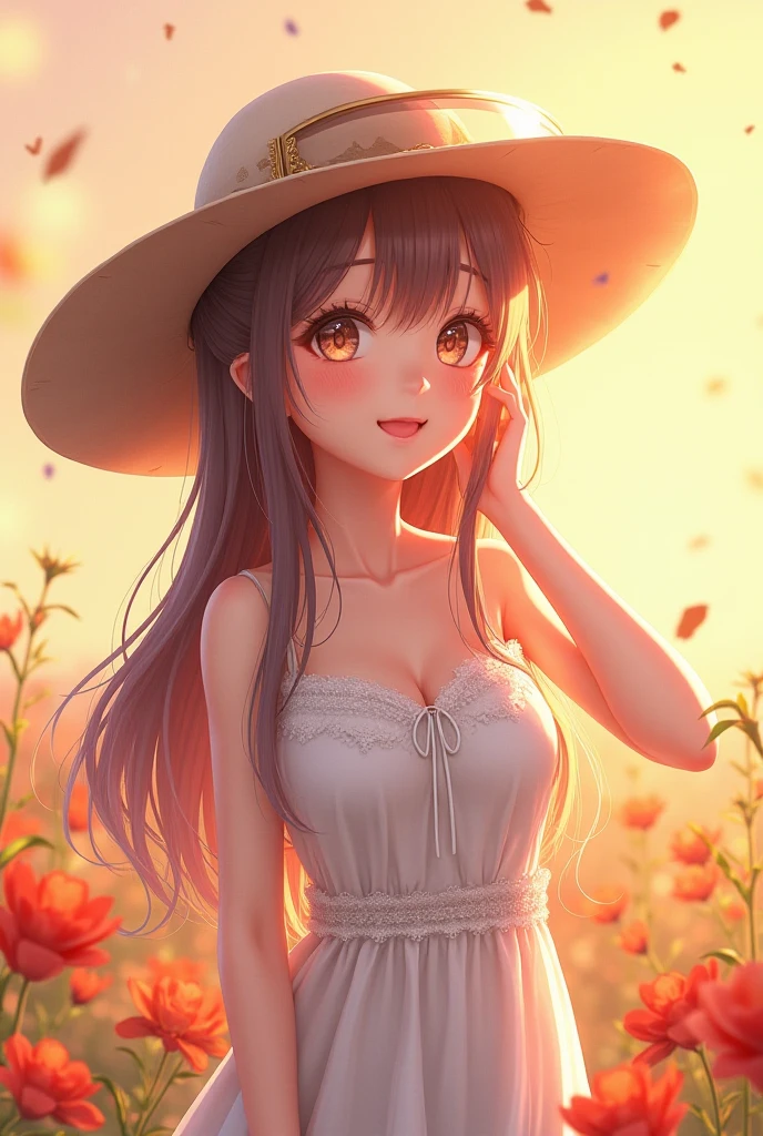 (masterpiece, best quality:1.2), extremely detailed, ambient soft lighting, 4K, quality, wlsdnjs950,
1girl, solo, (mature, mature female, milf:1.2), standing, upper body, face focus, close-up face,
brown hair, long hair,
green eyes, (tareme:1.2), long eyelashes, thick eyelashes, looking at viewer
white sundress, sun hat,
narrow waist, skinny, large breasts,
outdoors, field, grass field, (plants:1.2), flowers, background forest, sunset,
 <lora:tareme:1.2>