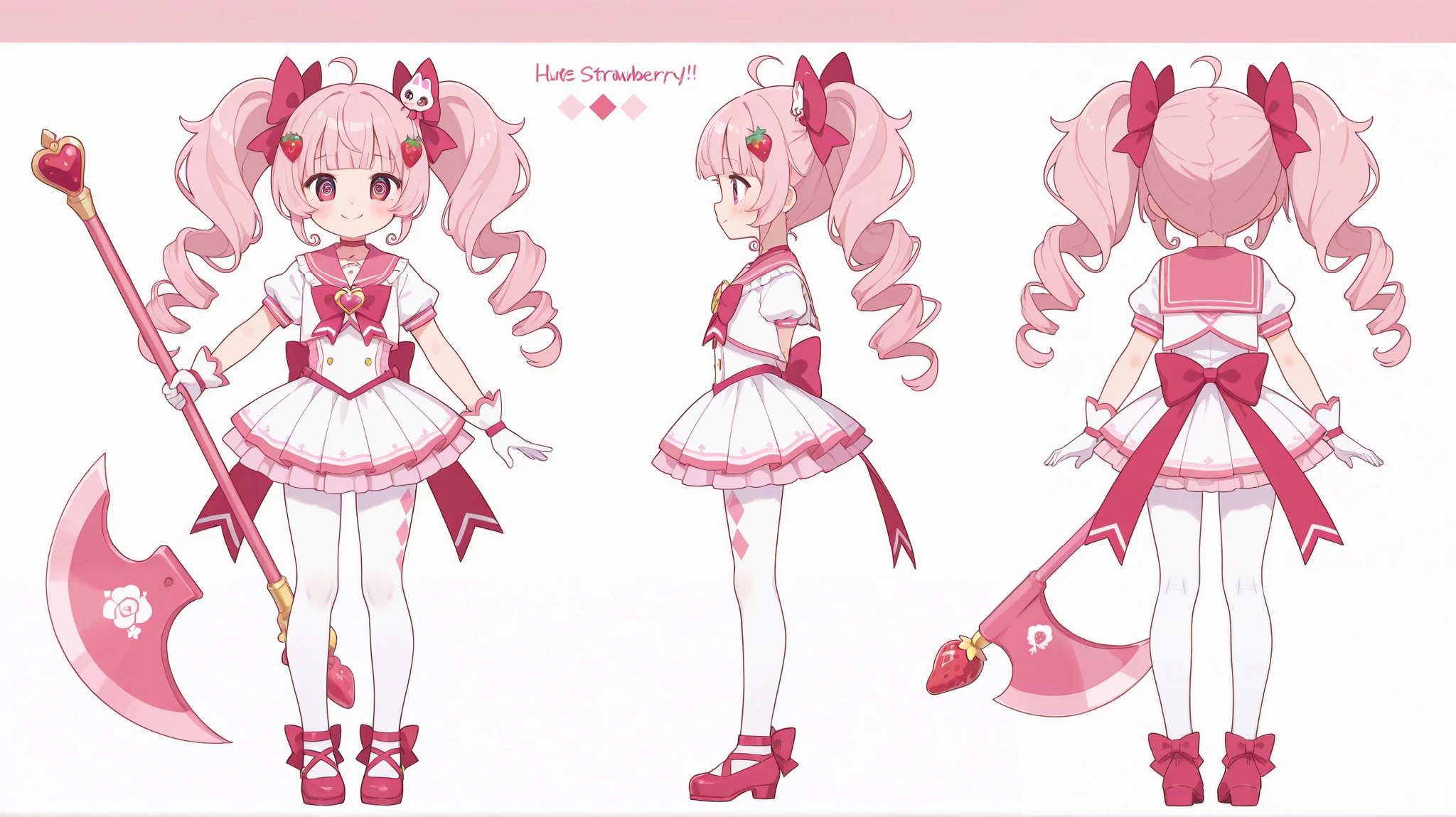 one girl。full body standing picture。Costume design。A cute magical girl costume with a magenta-colored sailor suit as a motif。pleated skirt。white tights、pink simple shoes。The color of pink hair is magenta pink。twin tails。spiral curls。Long straight bangs、Eyes are pink too、The eyes are clear and cute。smile。strawberry motif hair accessory。Has a weapon that looks like a pink axe。Front and back。