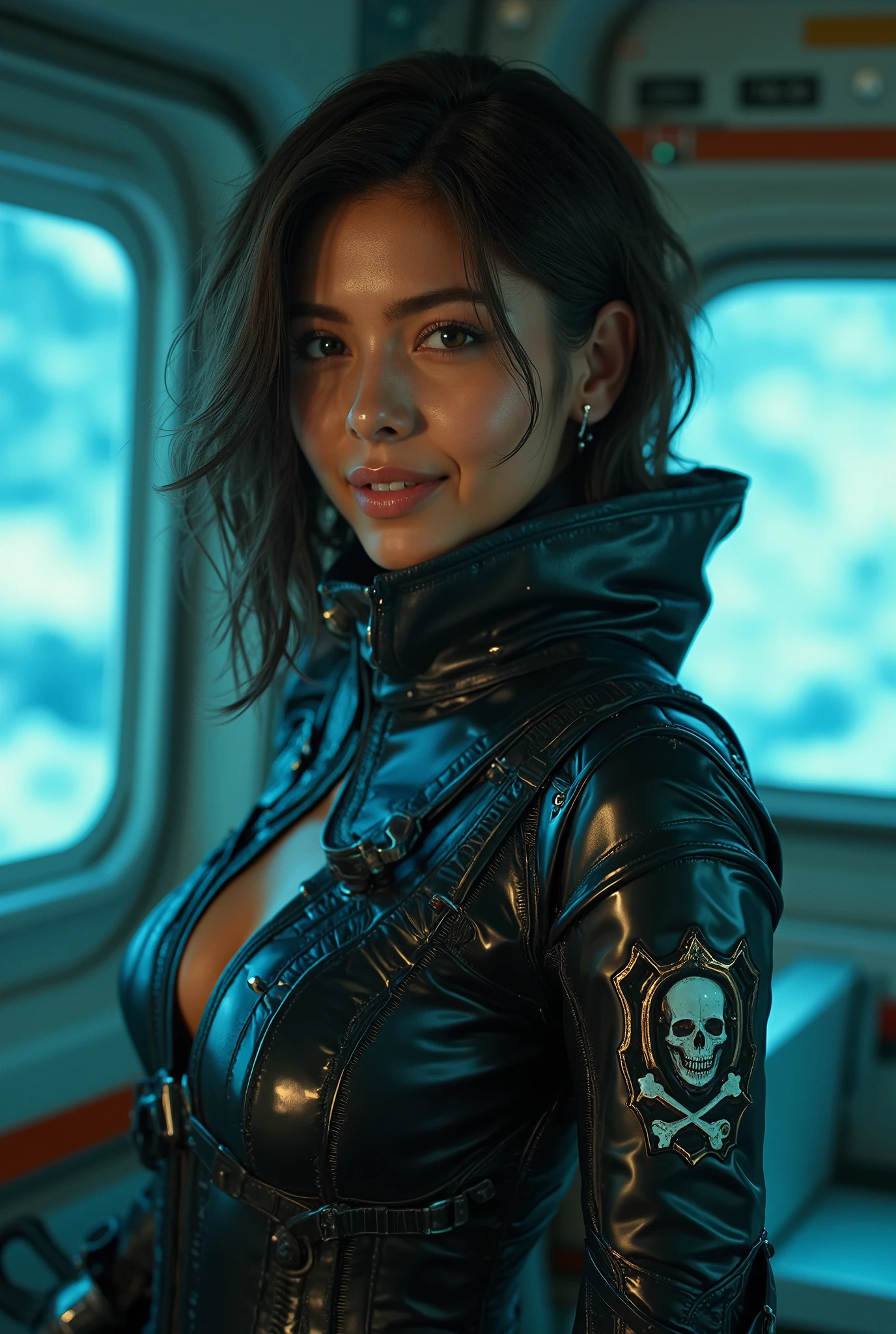 ((top quality)), (Masterpiece)), ( Details: 1.4), 3d, An absurd resolution, high definition, (Masterpiece: 1.4), ultra detail, 1 beautiful Mexican girl, (dark skin:1.4), bangs, image of the futuristic pirate woman, skull and crossbones mark, female space pirate, Shiny brown short hair, beautiful iridescent green eyes, beautiful faces, toned body, muscular, 20 years old, seductive smiling, Spaceship, (floating:1.9), small, (matte black and indigo Space Suit:1.4), Tight fitting space suit that accentuates the body lines, Spaceship, window, future, dynamic poses, Costume Change, cinematic lighting