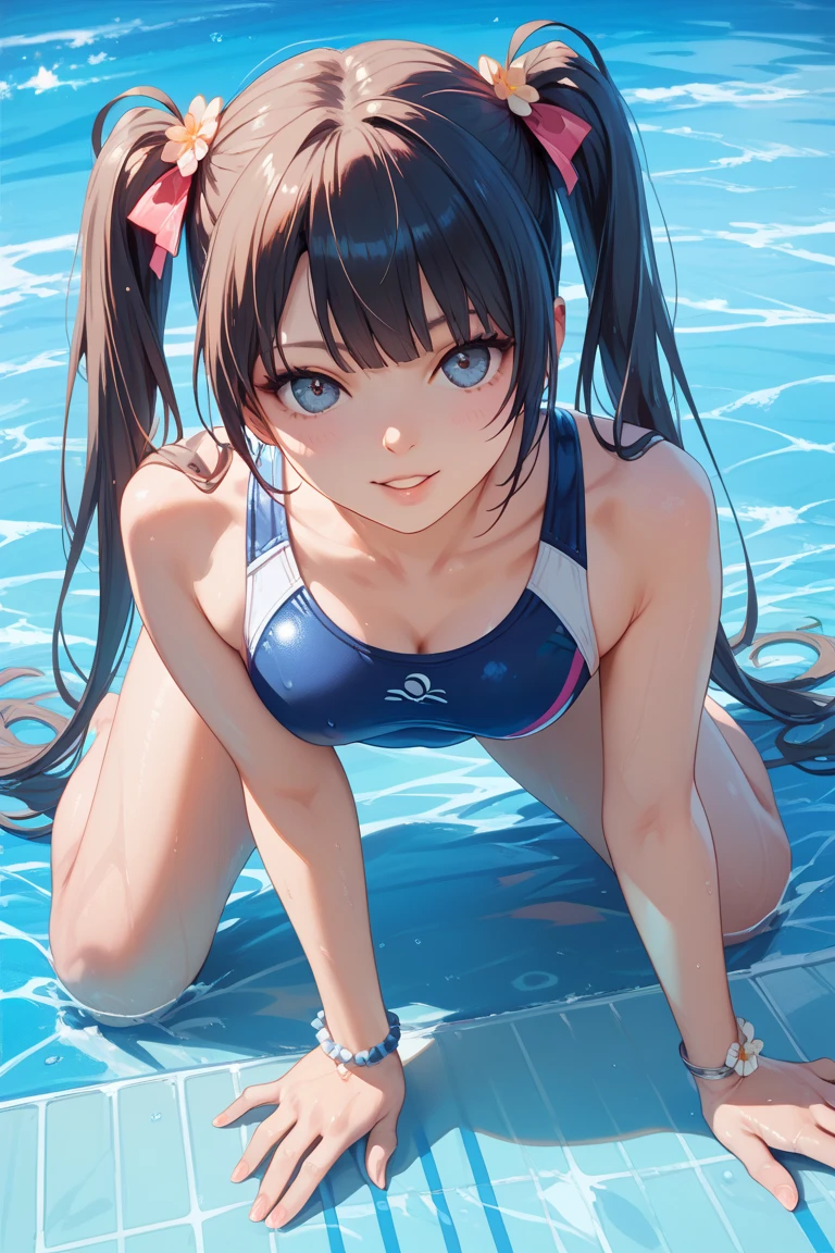 (Photo realistic:1.2), Best Quality, (, litoli:1.2), Schone-piece Swimsuit、Swim, (looking away), poneyTail、Brown hair、school swimming pool, back focus, (butt, ass), bare back, scapular, cowboy shot, adjusting clothes, Voyeur photos,