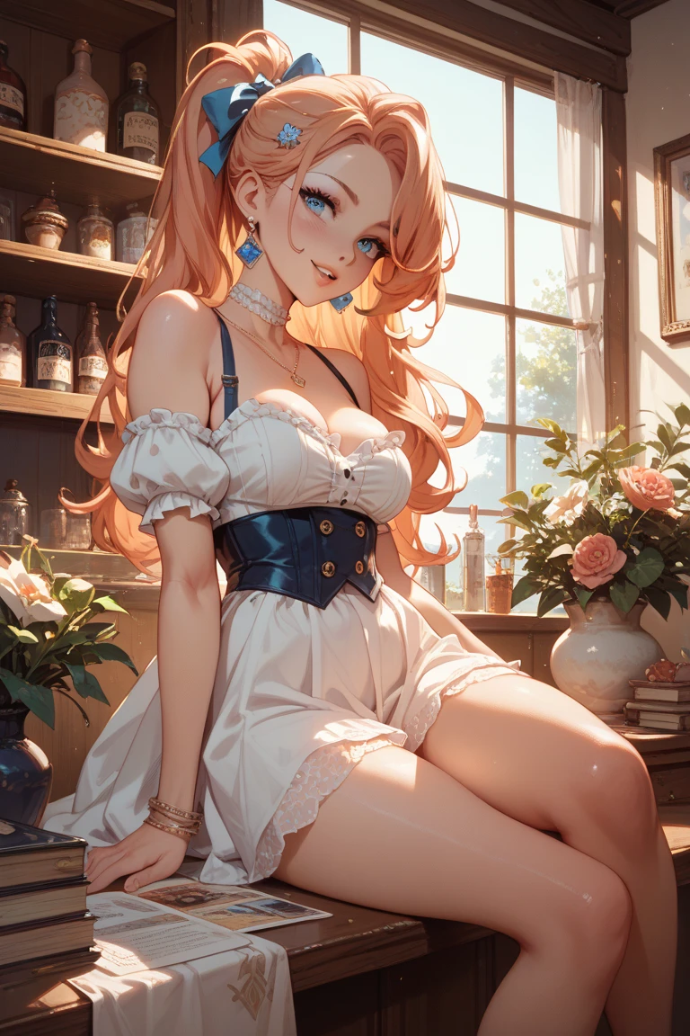Analog photography(Through the shattered window), the composition captures a ginger-girl(18yo, very busty girl, emerald-eyes, very pale skin(freackles:0.86), large breasts, tightened thighs, chubby ginger-girl, Her very curly orange-hair(long hair tied with a large sheer-bow ON THE HEAD), 2fit legs). Captured in an analogue image(polaroid effect, Heart stickers cover her nipples (heart stickers are pasted over a photo)- A large heart-stickers covering her areolas, stunning curvy-fit girl, Russian redheaded girl(long wavy orange-hair), 18 years old, captivating with her symmetrical breast augmentation(now showcasing fuller and more rounded breasts). ((Dressed in a floral-print beguiling mini-dress(featuring an empire waist, and layers of ethereal organdy petticoats), With small bustling(Subtle blue/gold accents frame the large neckline, while delightful blue-tinted bows adorn the large bust and waistline). Brocade empire waist mini dress(with bustle, Layers of pleated organdy petticoat for volume, bustle for desired look, blue-indigo contrast lining and bow detail, Lined at bust with cotton)-The Indigo-blue color of her ensemble contrast beautifully with her very pale skin and bold pink-lips, she is surrounded by a lush plants))-wears a platform heels on her feet. ((9. "The camera's perspective is at eye level, from a low, slightly off-center angle, highlighting(her elegantly propped-up legs, and her elegantly positioned hands)")). Displaying an asymmetric pose, in a white-Room setting(white-ceiling window)surrounding by lush plants, colorful shopping bags. Playful pout expression, bending over near to the window(2legs straights).
