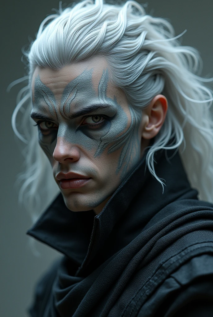 Dark creature , half white tiger, half man eith mudcles, long white gold hair,large mouth with teeth,black eyes,half human body, anime style boy