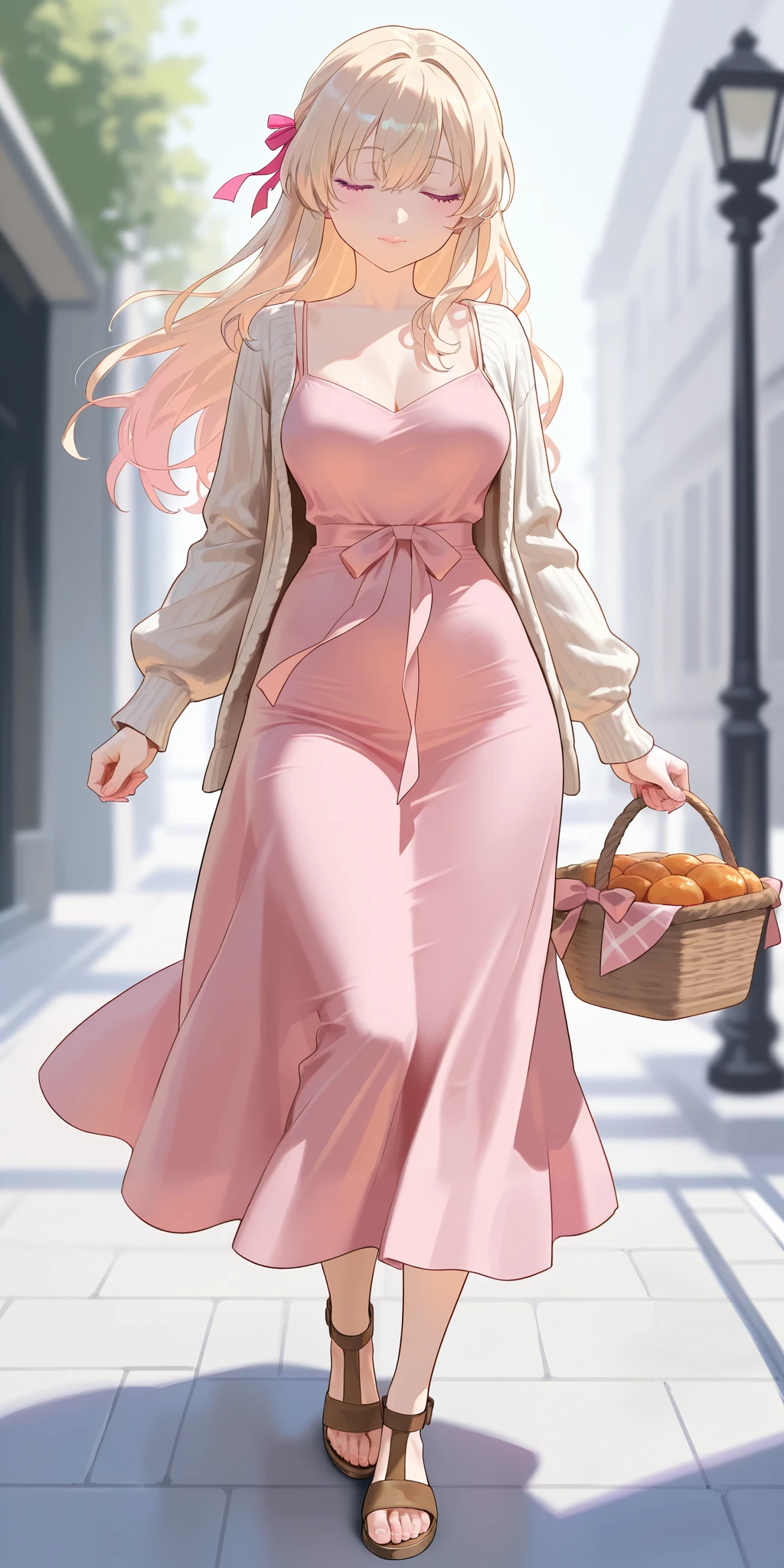 An extremely beautiful woman with blond hair, extremely fair white natural skin, big pink eyes, red plump glossy round lips, medium breasts, a small waist, and a perfect slim yet curvy body. She's only wearing a pink dress with spaghetti straps, a light-brown front-open sweater with long sleeves over the dress, hair ribbon, and brown sandals. Mouth closed, carrying a basket, and standing straight on the street. Show her full body.