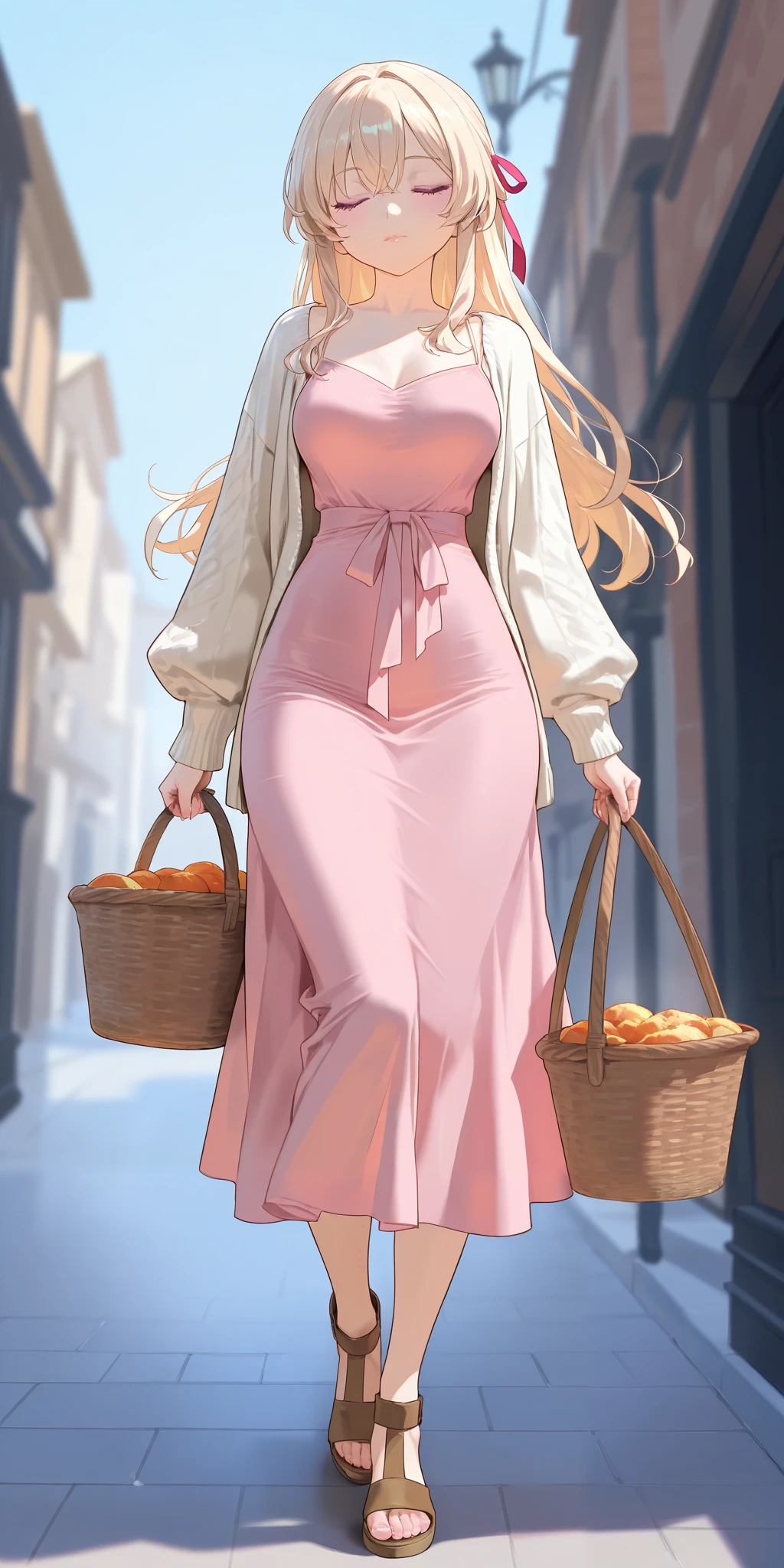 An extremely beautiful woman with blond hair, extremely fair white natural skin, big pink eyes, red plump glossy round lips, medium breasts, a small waist, and a perfect slim yet curvy body. She's only wearing a pink dress with spaghetti straps, a light-brown front-open sweater with long sleeves over the dress, hair ribbon, and brown sandals. Mouth closed, carrying a basket, and standing straight on the street. Show her full body.