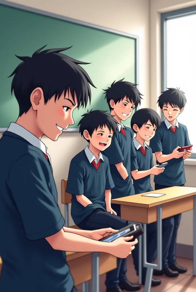 10-15 people are sitting on the table of a class room of a school (all their shirts are white and two of them have black caps on their heads) BOLODS is written in big letters on the back wall, class - 8 is written in small letters, Danmondi Govt. Boys High School They are all very happy