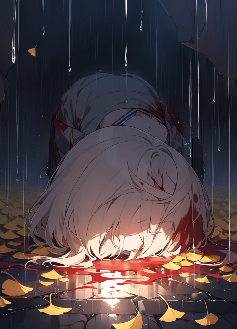 Resolution full, very accurate, best quality, masterpiece, blood, cinematic lighting, full HD, very sharpener, best art, very accurate, rock field, body, grey Hoodie, sword penetrates body, body pierced by sword, blood, bloody
