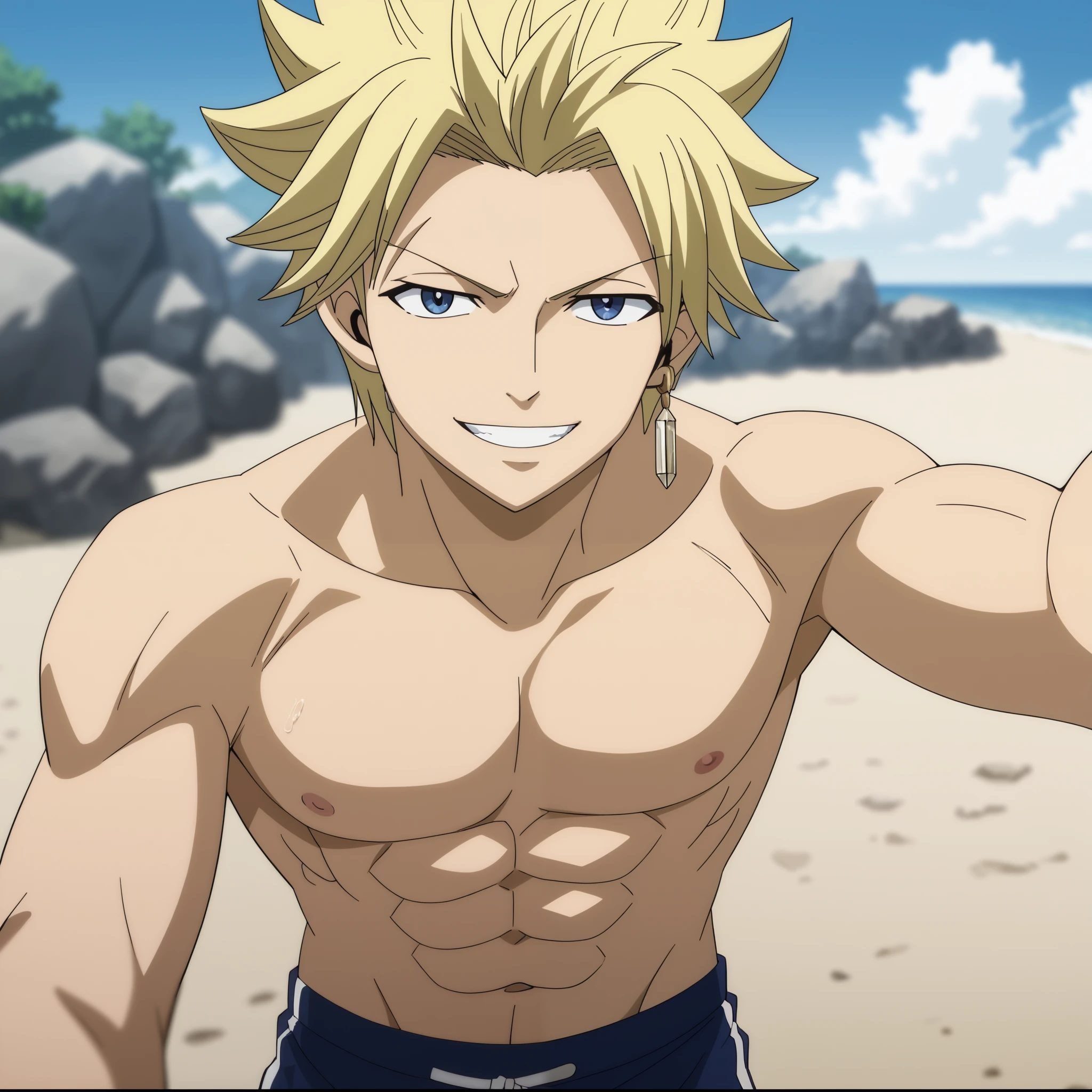 score_9, score_8_up, score_7_up, source_anime, rating_safe, StingFT, Sting leads blonde hair, light yellow Sting single earring, 1boy, male focus, anime screencap, best quality, official style, depth of field, looking at viewer, sky background with soft shadows, soft blue lighting highlighting his features, high-quality anime details, vivid colors, official style, Expressiveh, best quality, amazing quality, very aesthetic, high resolution, ultra-detailed, absurdres, newest, volumetric lighting, masterpiece, scenery, depth of field, BREAK, outdoors, beach, BREAK, male, solo, male focus, toned male, 'BREAK, standing, smirking, peace sign, BREAK, viewed from above, selfie angle, looking at viewer, cowboy shot, BREAK, (shirtless), BREAK, (male swimwear, blue trunks), thighs, BREAK smile happy