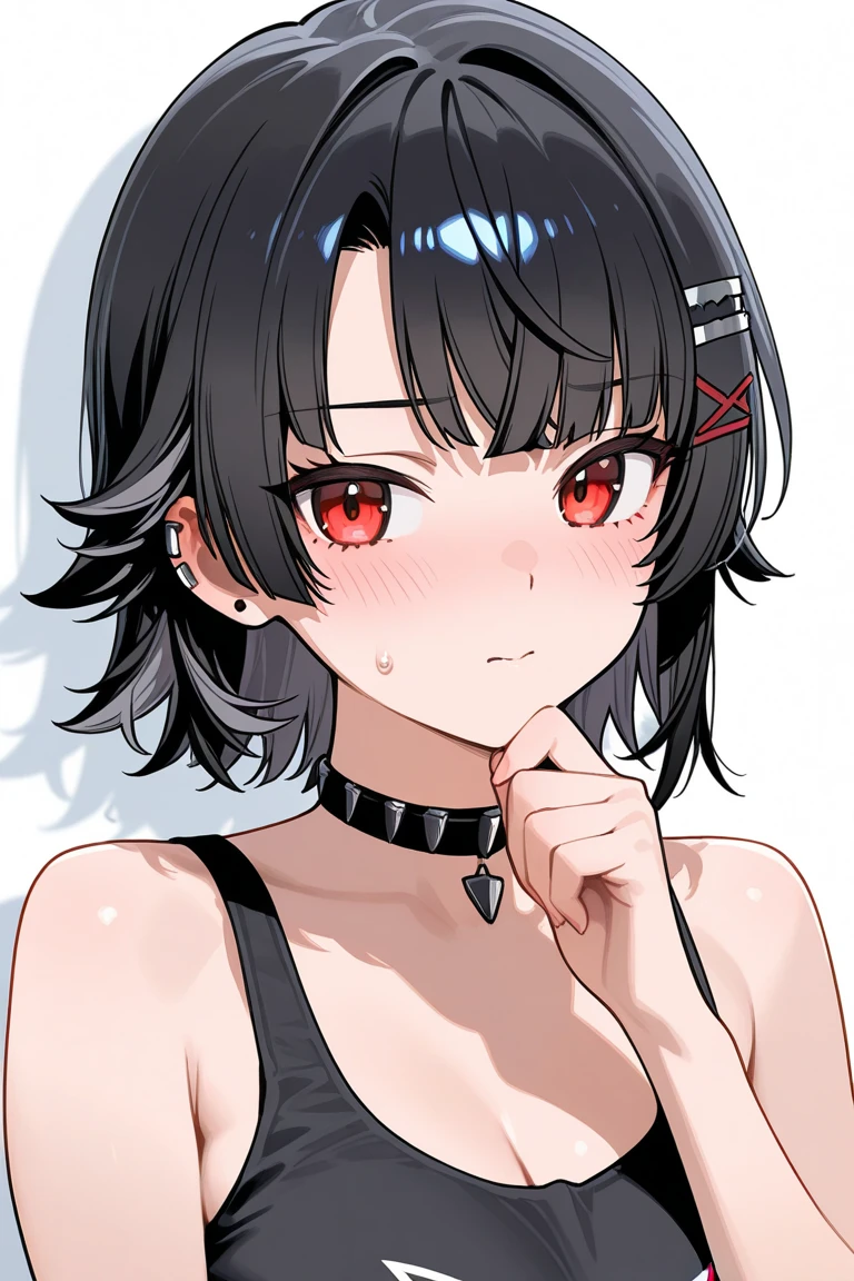Black hair, short bob, red mesh hair, red eyes, black choker, tank top, sweating