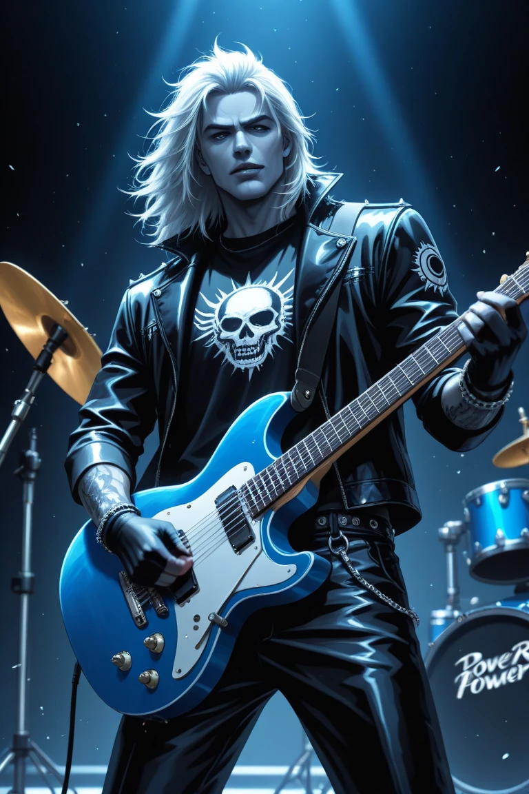 Black power metal Men rock band,power metal style,the lead singer sings a song,the guitarist plays the electric guitar,the drummer gives the rhythm