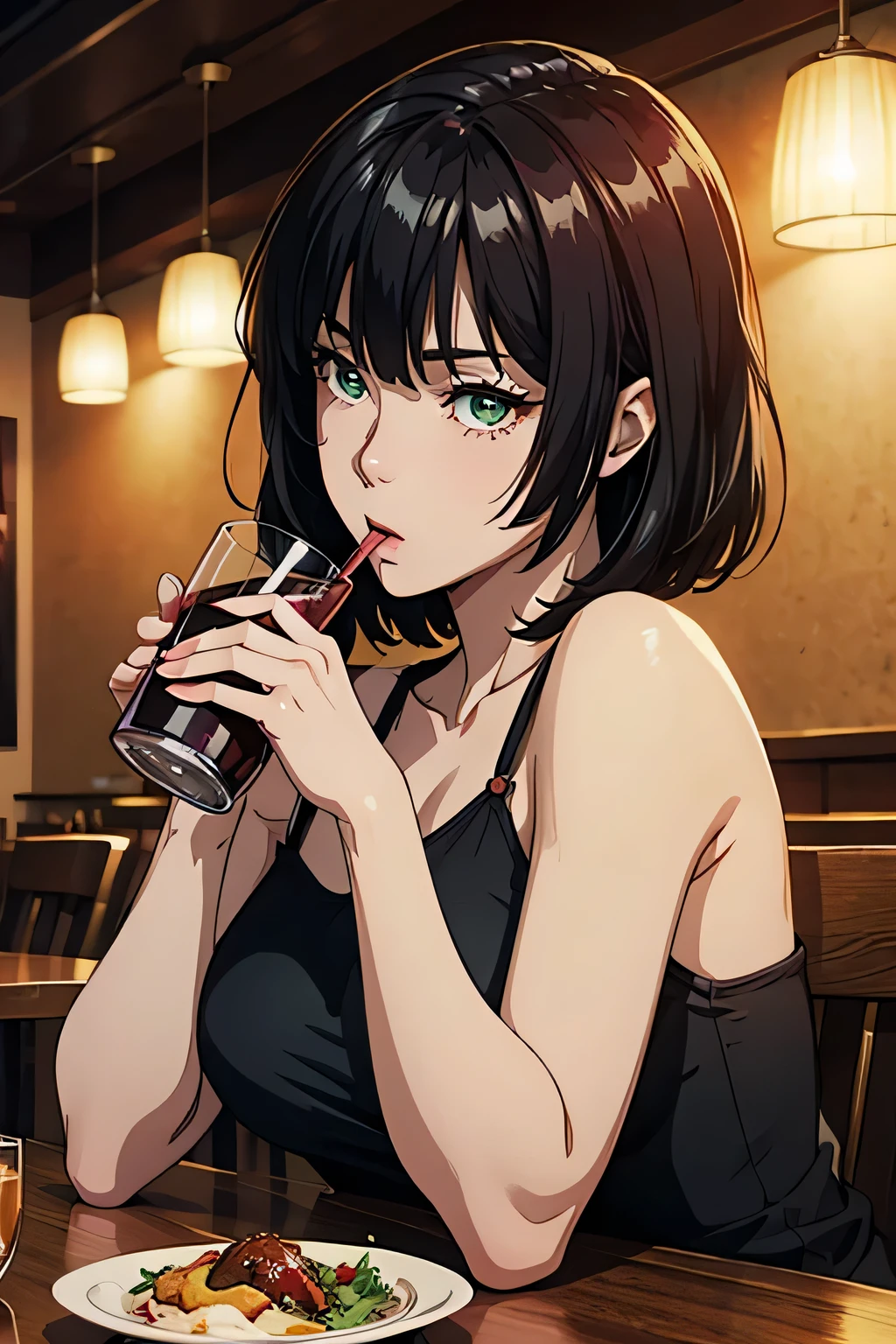 animation,high image quality、high definition、of the best quality、one woman、48 years old、 maroon hair、green eyes、calm atmosphere、black camisole、(drinking red wine)、in the restaurant、Lighting、no one else、