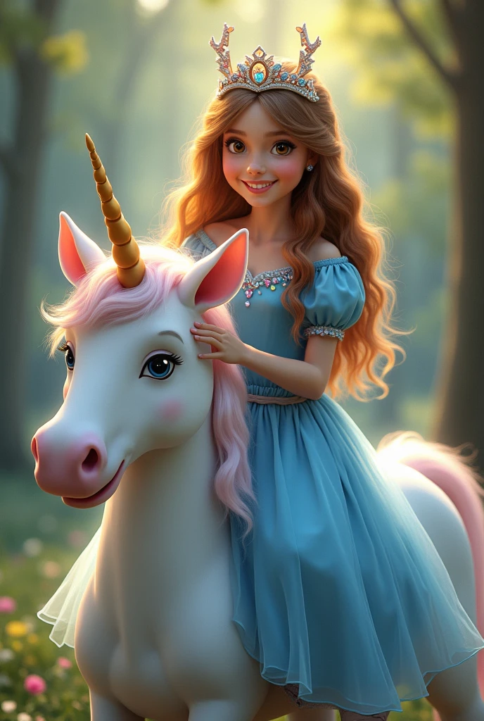 A young girl with brown hair in a blue dress, smiling and posing closely with a white unicorn with a golden horn, set in a magical forest with sparkling lights