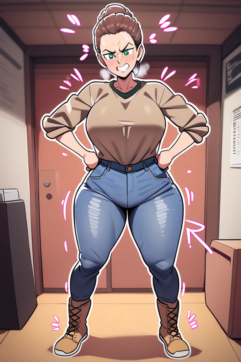 high waistband, 171cm, messy hair, hair between the eyes, medium breasts, big breasts, chubby, Dark skin, tomboy, adult, 20 years, 1 girl, Alone, sole, SMILE, Wide hips, Thighs, standing, messy room, bedroom, Bookcases, DVD, books, video games, computer, cd, Vinyl records, vhs tapes,
