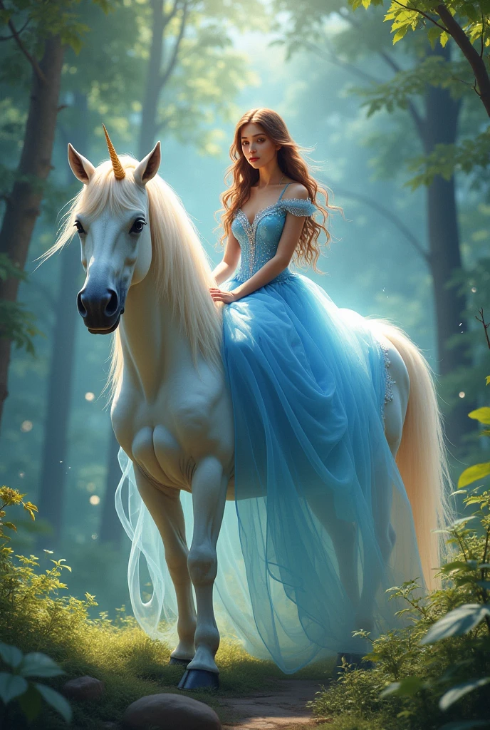 {-erro_de_anatomia:1.0} There is a white unicorn girl, blue mane and long mane, white unicorn, unicorn, unicorn horns, A unicorn, celestia, Nine stories, blue unicorn, soft dreamy, cinematic light《fangs》Unicorn in, mythological creatures, a mythical creature, Pokémon illustration, unicorns, a glaceon princess, white dress, opal eyes. Auroracore, ghostly iridescent, image good for rendering, sitting on the water. unicorn girl, full body, holding a crystal unicorn, backwards, looking back