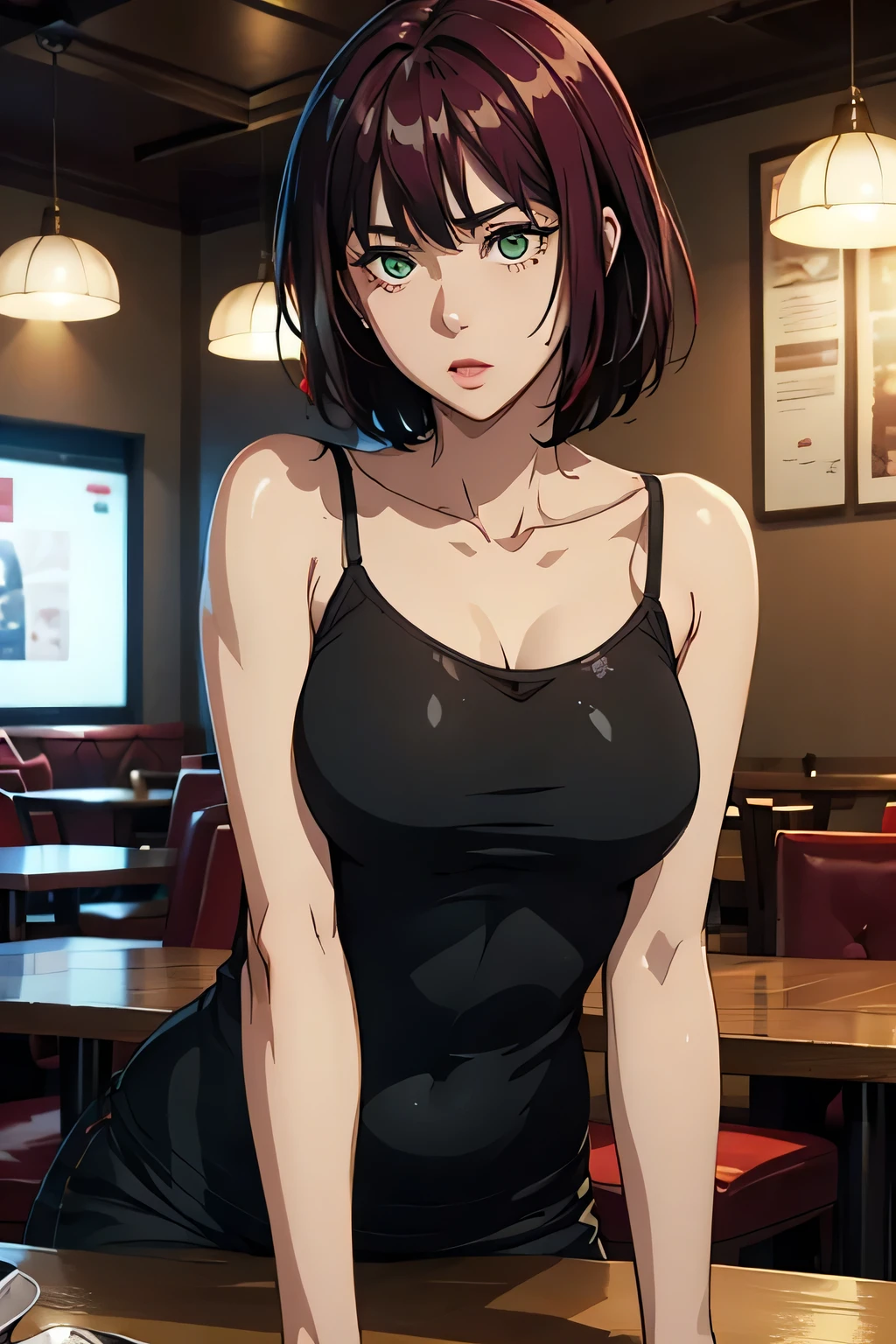 animation,high image quality、high definition、of the best quality、one woman、48 years old、 maroon hair、green eyes、calm atmosphere、black camisole、(drinking red wine)、in the restaurant、Lighting、no one else、