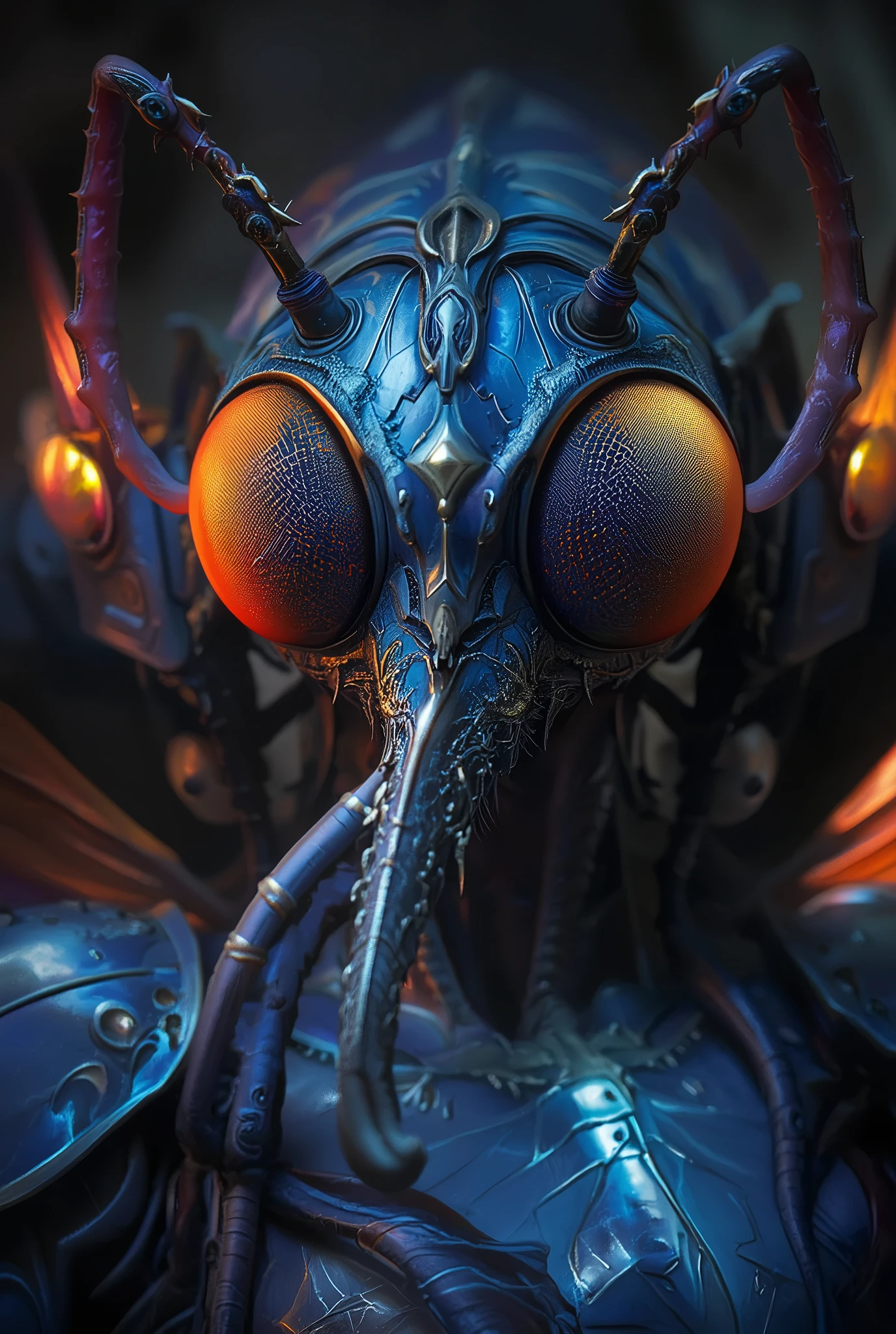 (Best Quality, 4K, high definition, masterpiece:1.2), (super detailed, photorealistic looking happy:1.37), photo taken by professional photographer, a beautiful, extremely sensual queen of bugs, detailed facial features, elegant posture, alluring expression, best quality, 4K, high resolution, photorealistic, HDR, UHD, studio lighting, vivid colors, fantasy scene, dark atmosphere, dramatic lighting, intricate details, macro photography, insect portrait, neon colored