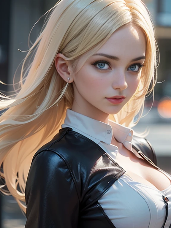 27 year old white woman、platinum-blonde、blue eyess、Longhaire、My hair is wavy、accessories on the wrist、wearing a choker、Slightly shiny skin、a smile、The navel is out、huge tit、My abs are cracked、slim muscular body、I don't want my head to disappear from the screen.、I'm in a back alley in a downtown area at night、wearing a hoodie and covering the hood、Look at me while hiding your face with the hood、I'm wearing leggings、squatting、Facing to the side、I'm punching my chest、Shiny skin