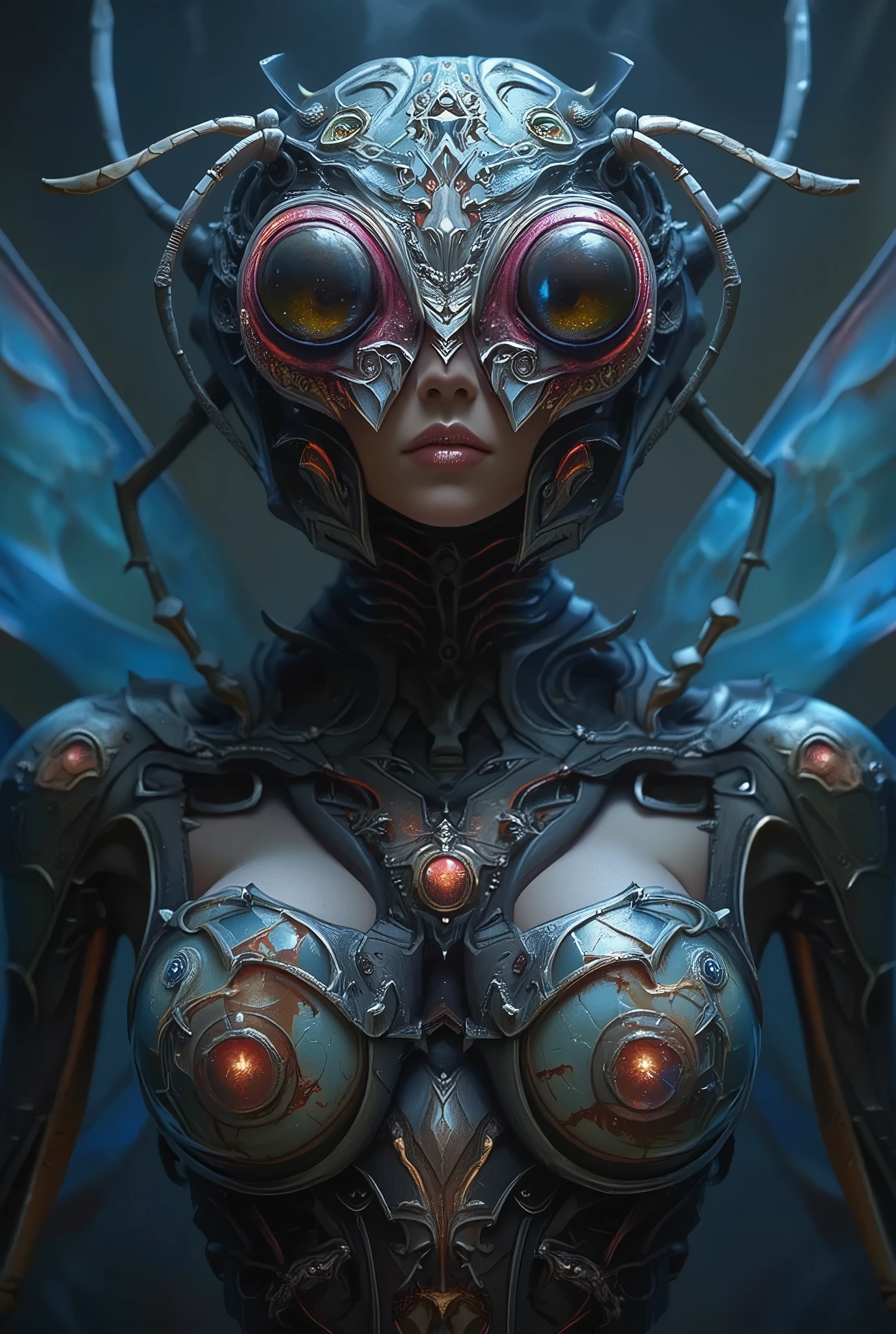 biomechanical style masterpiece,best quality,absurdres,high details,amazing body,
at distance,cowboy shot,
pose,flirting,
(playful gaze, smirking:1.1),
1girl,<lora:Biopunk:1.2>,biopunk,mantis girl,biological skin,(antennae:1.2),(dragonfly's wings:1.2),
<lora:Concept_-_Giger-ish_Biomechanicals_v2:0.5>,hnsrdlf style,
<lora:Concept_-_Giger-ish_Alien_v1:0.5>,bigbadejo alien_monster,
<lora:Concept_-_More_Details_v1.0:0.5>, . blend of organic and mechanical elements, futuristic, cybernetic, detailed, intricate