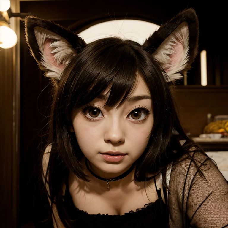 high quality, 16k, pro photo shoot, extremely detailed photo, award winning photo, depth of field, portrait, gorgeous room, fluffy luxurious carpet, 1girl, 40yers old, actress face, model face, detailed face, full body, all fours, ((paw pose with human hands)), extremely huge breasts, half girl half cat, beautiful black fur, cat ears, sexy black cat tail