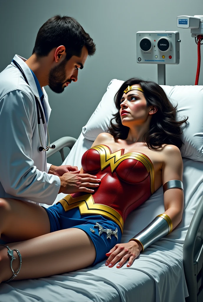 The doctor is injecting a vaccine into the arm of Wonder Woman Justice League who is sitting in the hospital. 
