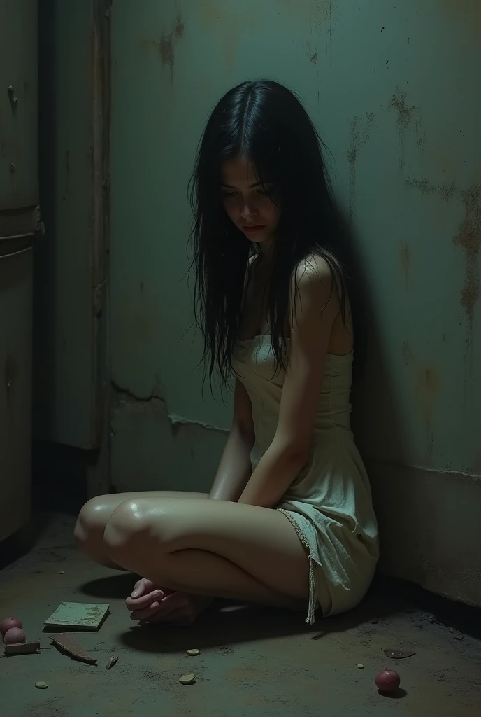 (YES SFW), A dressed girl desperately needs to relieve herself、(she wears a veil and a rag, a sheet around her waist, a shawl on her shoulders), (Correct anatomy of the fingers)、（Draw hands and feet separately)、very beautiful、Ideal proportions、small breasts、Very stylish、barefoot、(in a dark and dirty basement:1.37)、(((neat woman, Bright-eyed excitement, Pained expression,blush,half-closed eyes,please touch me,tempting viewer,i want you))),(sitting down,spread the legs apart,navy panties, (Squat with your legs wide apart:1.37), skirt on knees、(Place your hands on your knees and skirt)、(Anguished expression:1.4)、looking at the camera、Close-up、highest quality、Super detailed、Real、Beautiful proportions、Vibrant colors、Sharp focus、Tense atmosphere、Classical composition、art、Striking details、Artistic subtleties、Harmonious color palette、Sublime Beauty、Aesthetic perfection、Captivating eyes、Pure brilliance、Impeccable Features、Dreamy atmosphere、Sophisticated style、Timeless elegance、Finishing the masterpiece、Exquisite craftsmanship、Meticulous attention to detail、Sublime proportions、Artistic excellence、living work of art、Otherworldly charm、Fairytale-like setting、Unforgettable gaze、Majestic presence、natural breasts, Smoke and clouds roil around her, adding to the sense of epic scale and drama. The lighting is dark, gloomy, and realistic, creating a tense and ominous atmosphere. The perspective is from below, emphasizing the sheer majesty and power of the girl. [The character is surrounded by mist, evoking a mysterious and eerie atmosphere. The lighting is dark and atmospheric, with a red smoke adding a touch of sinister ambiance. The image is of the best quality, with a resolution of 4k and HDR enhancement, showcasing the utmost level of detail and realism, sfw, full body shot.]
