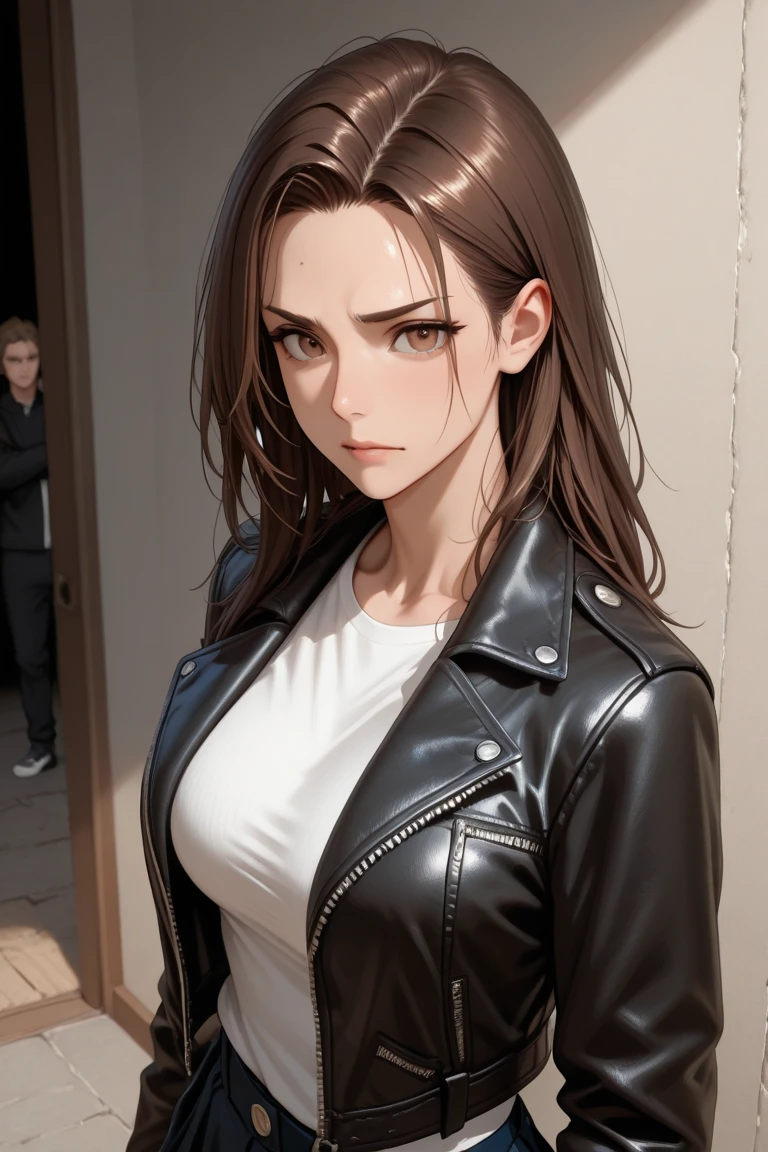 In manhwa art style young Korean woman in her 28s. Her hair is long and curv in a dark-blonde color. Her face is oval and marked by her large brown eyes, which carry a cold, unexpressive face. Her skin is radiant and clear, presenting an impeccable state of health and her curved lips. Her body athletic and defined, with the most charming. She stands in her office at night with her back to the glassware Wearing an suit with black
