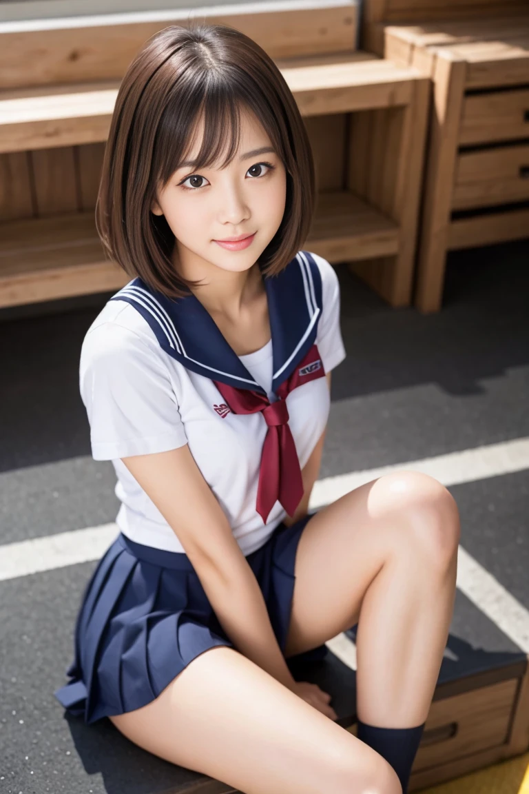 anime girl sitting on the floor with a bottle of water, anime girl drinks energy drink, beautiful anime girl squatting, the anime girl is crouching, smooth anime cg art, seductive anime girl, cute anime girl, attractive anime girl, a hyperrealistic , young anime girl, anime visual of a cute girl, (anime girl), beautiful anime high school girl,,smile,(small brests:1.2),(skinny:1.2),smile,