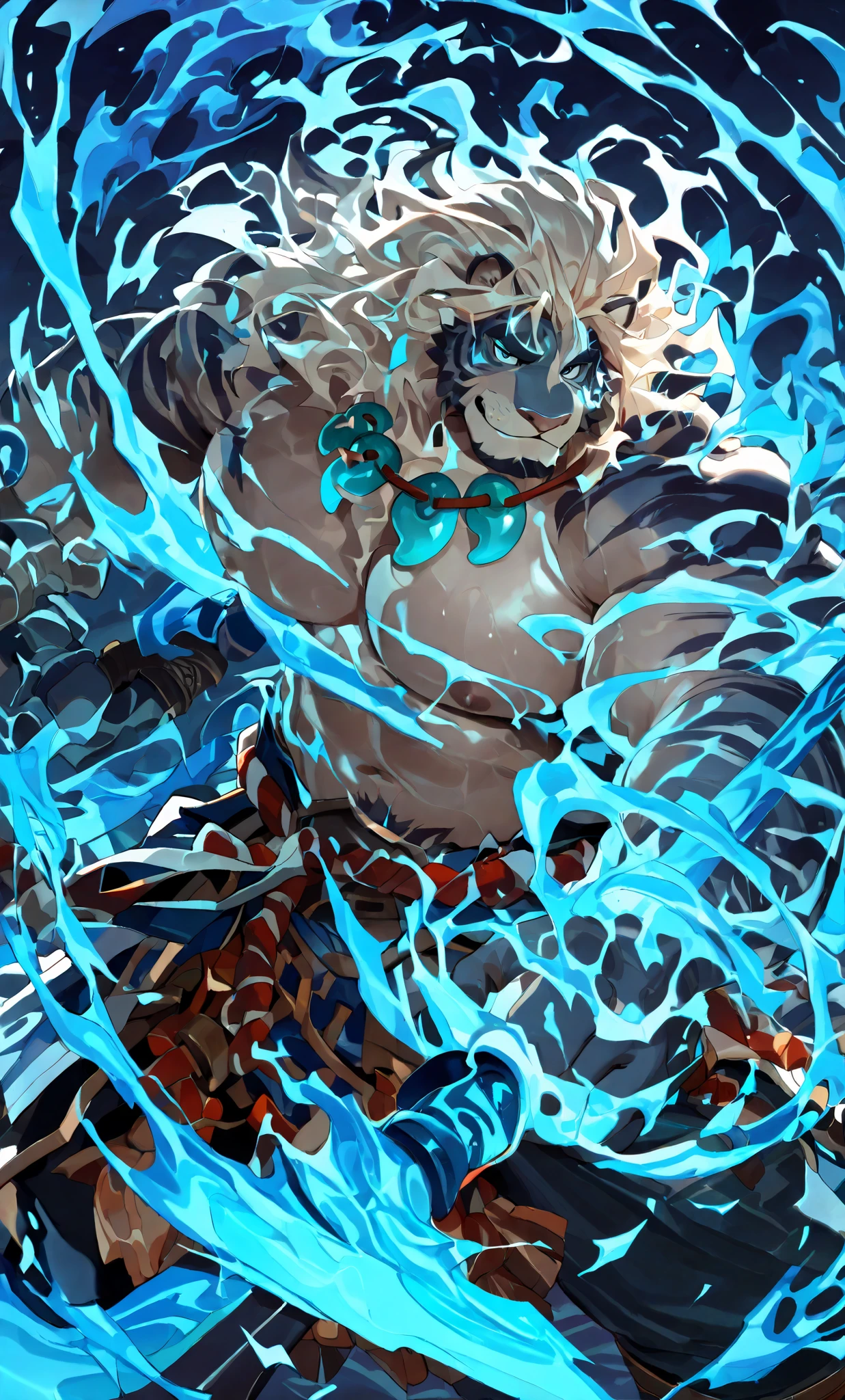 masterpiece,best quality,very aesthetic,super beautiful illustration,quality,noise reduction,very hd,large filesize,high quality,32k,8k wallpapers,dynamic lighting,detailed,extremely detailed,complicated details,extremely detailed,detailed texture,HDR,e621 illustration,male focus, 1boy, muscular male, bara, muscular, animal ears, solo, pectorals, furry, weapon, furry male, navel, large pectorals, nipples, belly, mature male, facial hair, polearm, necklace, plump, feet out of frame, stomach, jewelry, bare pectorals, holding weapon, holding, magatama, fire, blue fire, beard, holding polearm, tiger boy, long hair, tiger ears, blue theme, thick eyebrows, lion ears, magatama necklace, smile, fighting stance, pants, abs, lion boy, looking at viewer