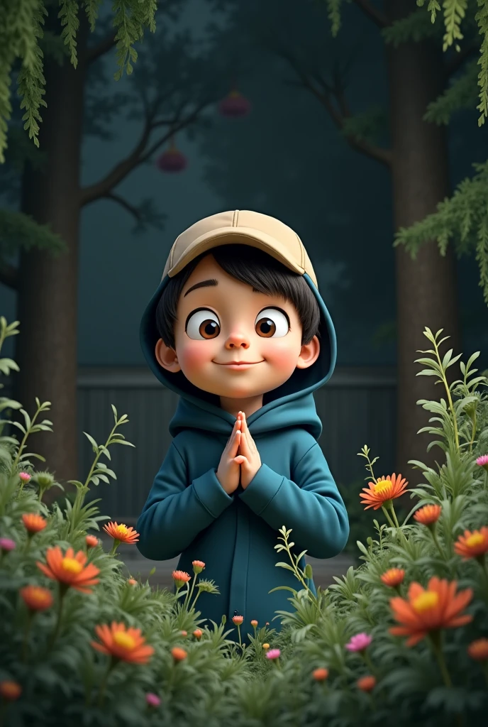 A 15-1 boy, praying in a white cap, is pointing down with his fingers and smiling, with a tree-hut in the background.