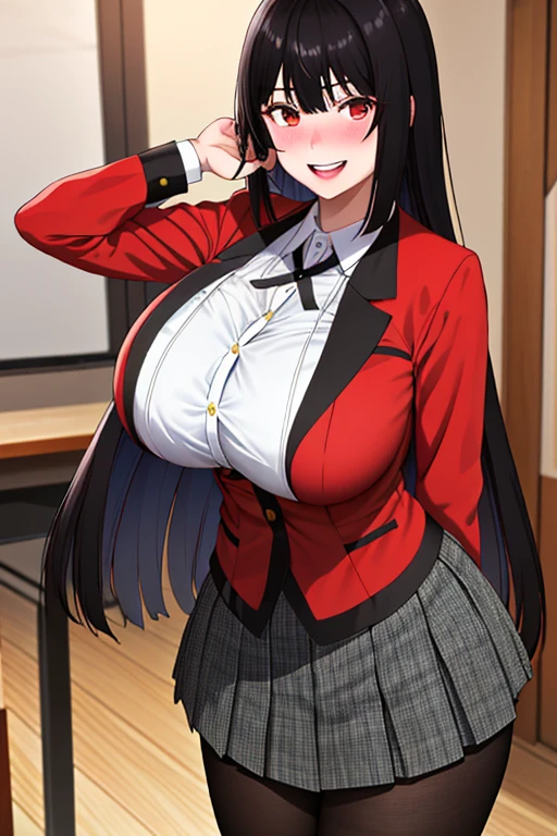 (8K, RAW photo, highest quality, masterpiece: 1.2),18 year old Japanese woman with perfect body,Please show your teeth and smile,long black hair,dull bangs, toothy smile,uniform,red jacket,black pantyhose,white shirt,(Showing lace lingerie under a white shirt,See through:1.3),black ribbon,pleated skirt,long sleeve,shining eyes,blush, classroom,(big breasts:1.5)