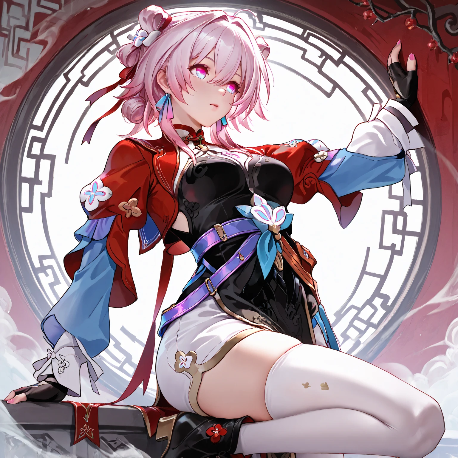 One Girl, (Urzan-6500:0.7), K-POPアイドル, yae miko, , Exposed bare shoulders, Pink Hair, Long white hair, Japanese Clothing, The best quality in the best condition, (da pintura:1.5), (hair ornaments:1.35), gem, Purple eyes, 耳Nipple Ring, , Written boundary depth, Detailed face, Face Focus, ribbon_trim, (View your audience:1.25), Non-traditional Shrine Maiden, Shiny skin, Long sleeve, Thick lips, Game CG, (Blur the background:1.2), , whole body、、One Girll, , ,masterpiece, Highest quality, Very detailed,Knee-high socks、Long white elbow gloves