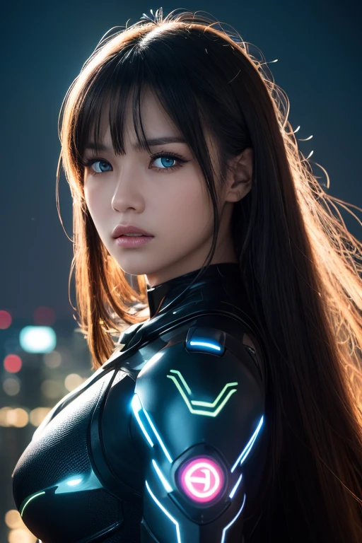 8k,Highly detailed illustration, Ultra-high resolution, masterpiece, Highest quality, Super Beauty,Skin with perfect radiance, Perfect lighting, Detailed lighting, Dramatic Shadows, Ray Tracing, 1 beautiful Caucasian woman, Looking at the audience, Very large breasts, Beautifully detailed hazel eyes, Sharp Face, Clear Eyes, Red lips, Long Bangs, Short Curly Hair, blonde, ((Cyberpunk Dark City)), Upper Body, Combat Uniform, Military Harness, ,masterpiece,Highest qualityのフォトリアリスティックなRAW写真。Bright colors,Rich colors, Backlight, Cinema Lighting, Film Grain, to be born, 50mm lens, Nikon D850,Detailed character art,Fantasy art,Ultra-high resolution,Ultra-Realistic Skin,Perfect hand shape,