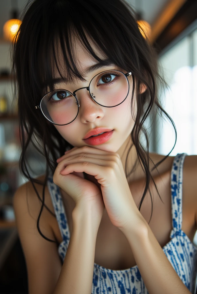 ((Best Quality)), ((傑Best Quality、masterpiece、High sensitivity、Hi-Res、detailed description、Delicate Face Depiction))Slender Woman、glasses、happy smiles、 shorts 、With your chin in your hand、 at the bar counter、