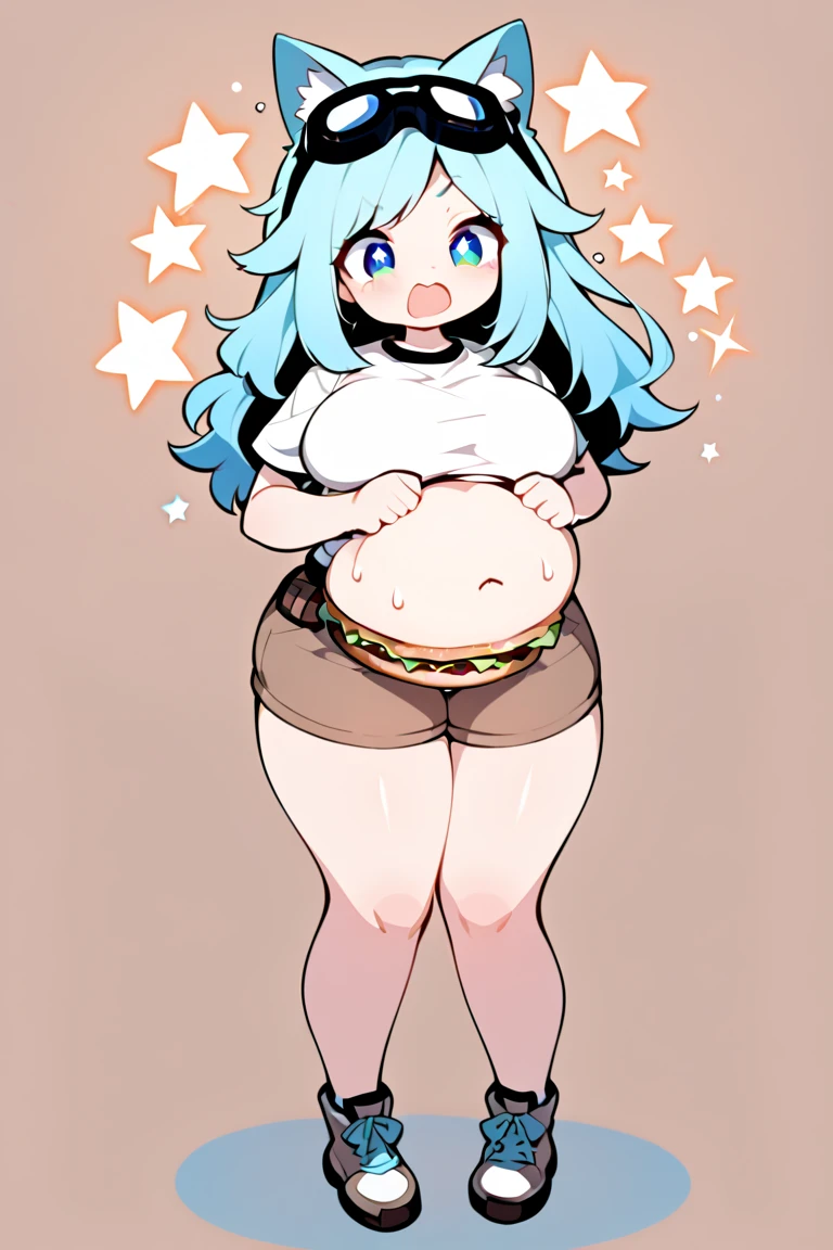 cartoon of a woman in a purple top and blue shorts sitting on the floor, thicc, she has a jiggly fat round belly, large thighs, pretty face with arms and legs, cel shaded!!!, thick smooth warframe thighs, , her belly is fat and round, thighs!!!, most strongest pose, hands behind her body pose!,(big ass, thick thighs:0.7), (warm light source:1.2), intricate details, volumetric lighting, Realism BREAK(masterpiece:1.2), (top quality), 4K, ultra detail, (Dynamic configuration:1.4), Very detailed and colorful details,(rainbow colors:1.2), (shining lights, atmospheric lighting), dreamy, magical, (alone:1.2), intricate details, (fat, Belly Fat:1.5),1 belly button, cheeky expression, Sagging middle breasts, (green eyes:1.3), (Green long hair:1.5), (Hikikomori, short jeans, tight white shirt,:1.5),