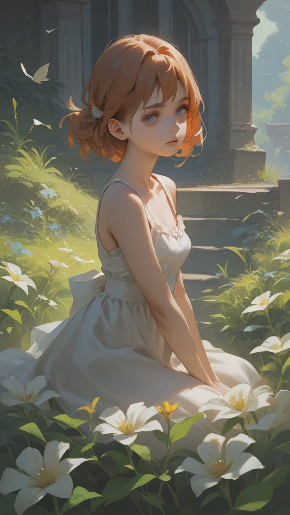 21 years old young woman sitting in a field of bioluminescent flowers, semirealistic, colorful, vivid, sparkling eyes, withdrawn, 
 by krenz cushart and mucha and range murata and greg rutkowski, key art, ethereal, heavenly, heavenly, heavenly, godly, trending on artstation