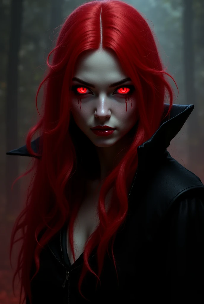 a woman, caucasian, detailed black clothes, red eyes, red hair, blood witch, profile view, detailed black clothing, blood around, dark forest background