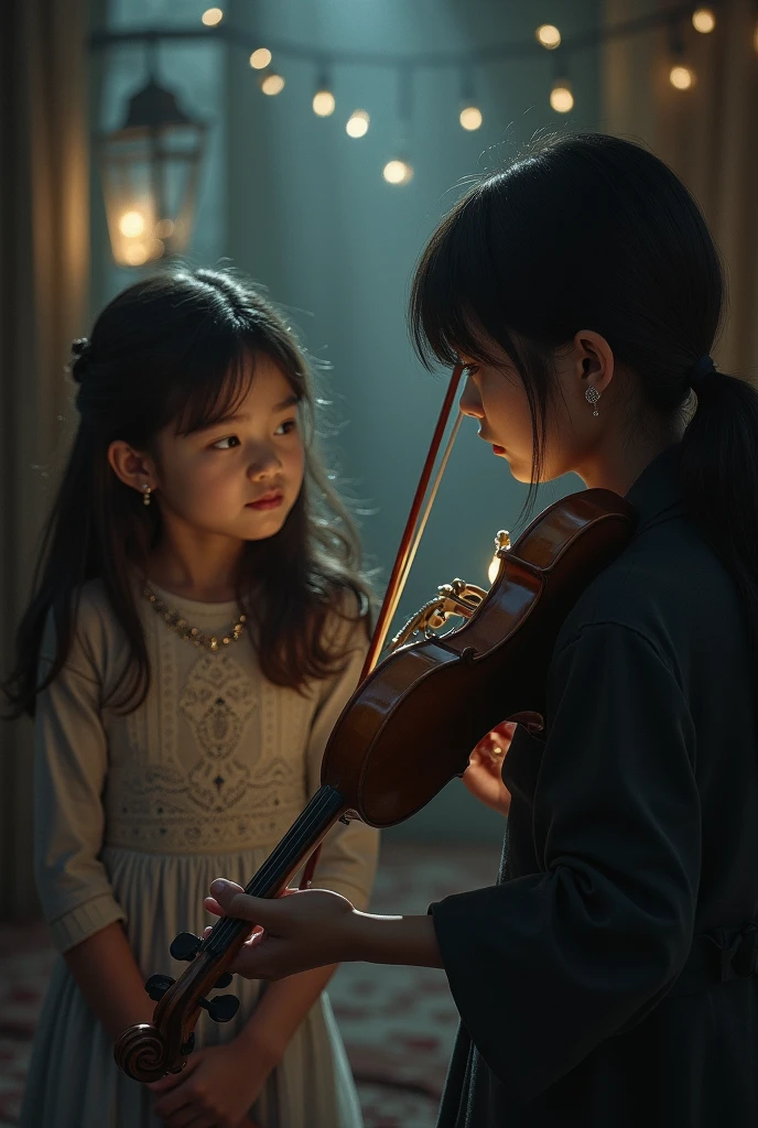 Girl is playing violin on the window and boy is looking her