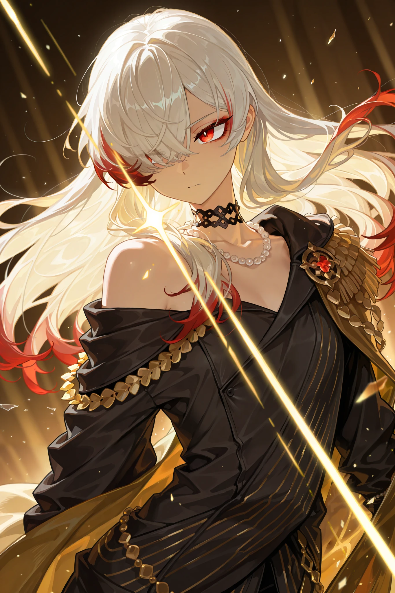 style of [arknights|(748cmstyle:0.5)], god rays, vivid colours, light stream, colour splotches, cinematic shot, mature, young adult, masterpiece, best quality, amazing quality, very aesthetic, high resolution, ultra-detailed, absurdres,
1girl, woman, solo, alone,(dynamic pose, side eye, upper body focus, dutch angle, three quarter view, close up, cowboy shot:1.2), (Kallen, Kal_Def:0.22), white hair, gold hair, multicolored hair, two tone hair, red highlights, colour fade, long hair, (hair over eye, mekakure, hair in front of eye:1.35), eyeliner, tsurime, siren eyes, (femboy:1.4), red eyes, gold eyes deep eyes, abyssal eyes, Ornate cloak, off cloak, golden side cape, one exposed shoulder, flat chest, pearl necklace, pearl choker, wielding a bow, archer, divine arrows, astral arrows, falling stars, Glass shards, golden shards, novuschroma79 style, glitch art photo
BREAK, depth of field, volumetric lighting
 