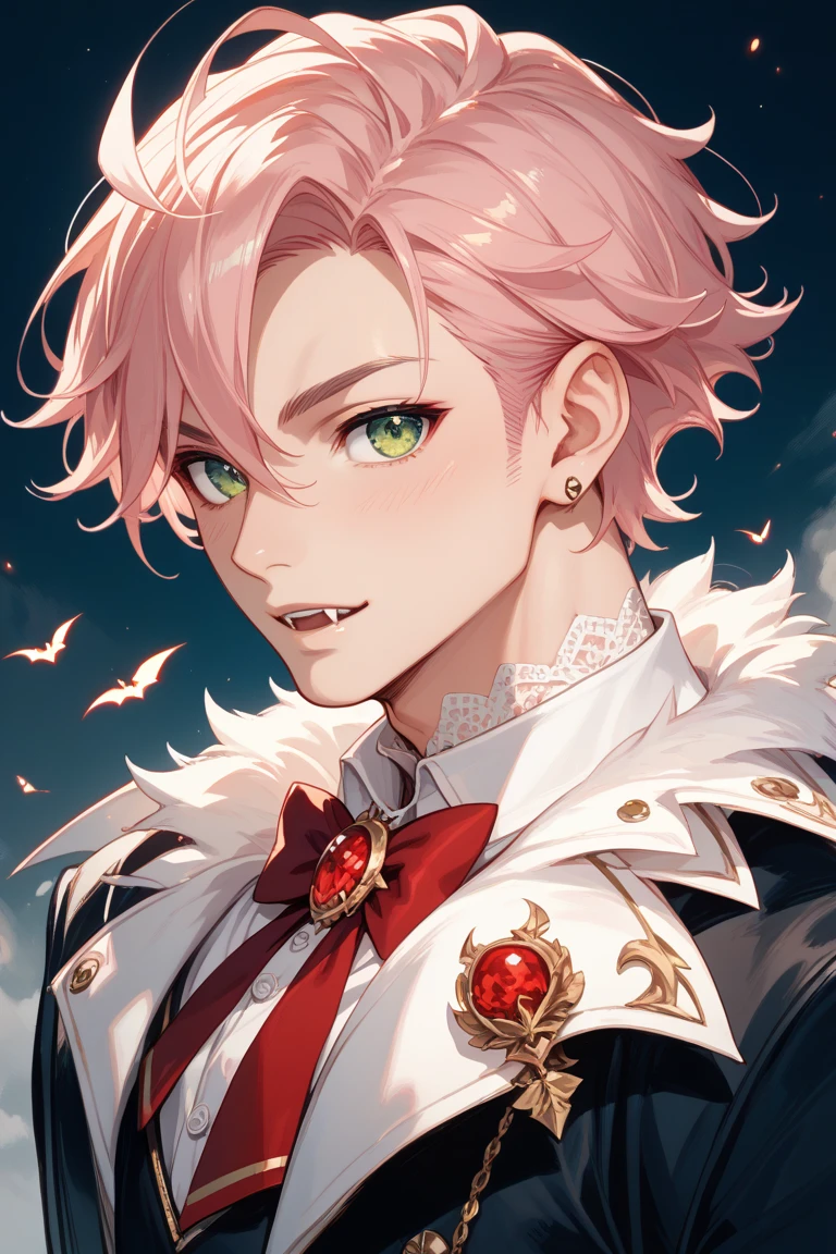 Male demon boy with pink hair, piercings, green eyes, and black leather. upper body only visible in camera view. Head resting on hand. Multiple rings on fingers and chains on outfit.