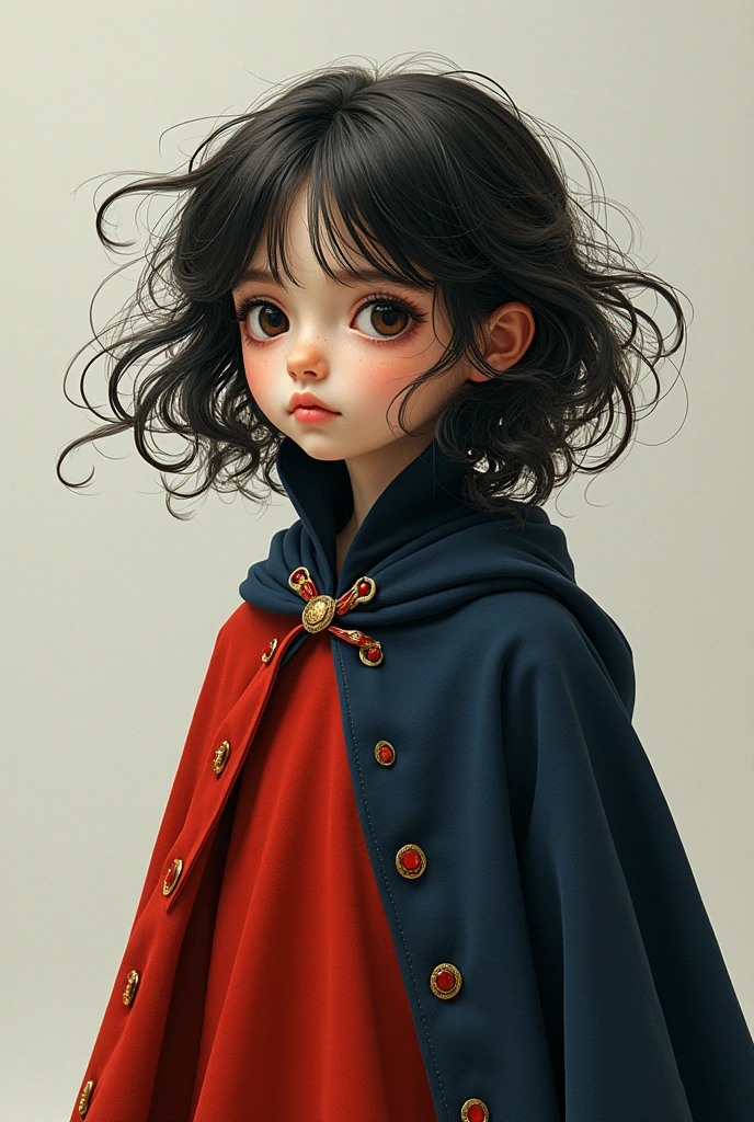 -year-girl h white skin , profiled face, big brown eyes , Loose straight brown hair, shoulder length, combed in a half ponytail with a wide forehead  , dressed in a white amphon dress and an open royal blue cape with red edges