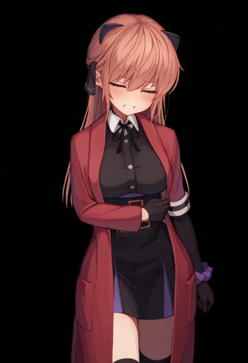 best quality,hyper-detailed,1girl,solo,front view,eyes look at viewer,Vivi, beautiful face,blush face,Teeth visible,medium breast,close eyes,angry,Uniformed,red Coat,black glove,Body upright,standing,Transparent black background,Blank background,