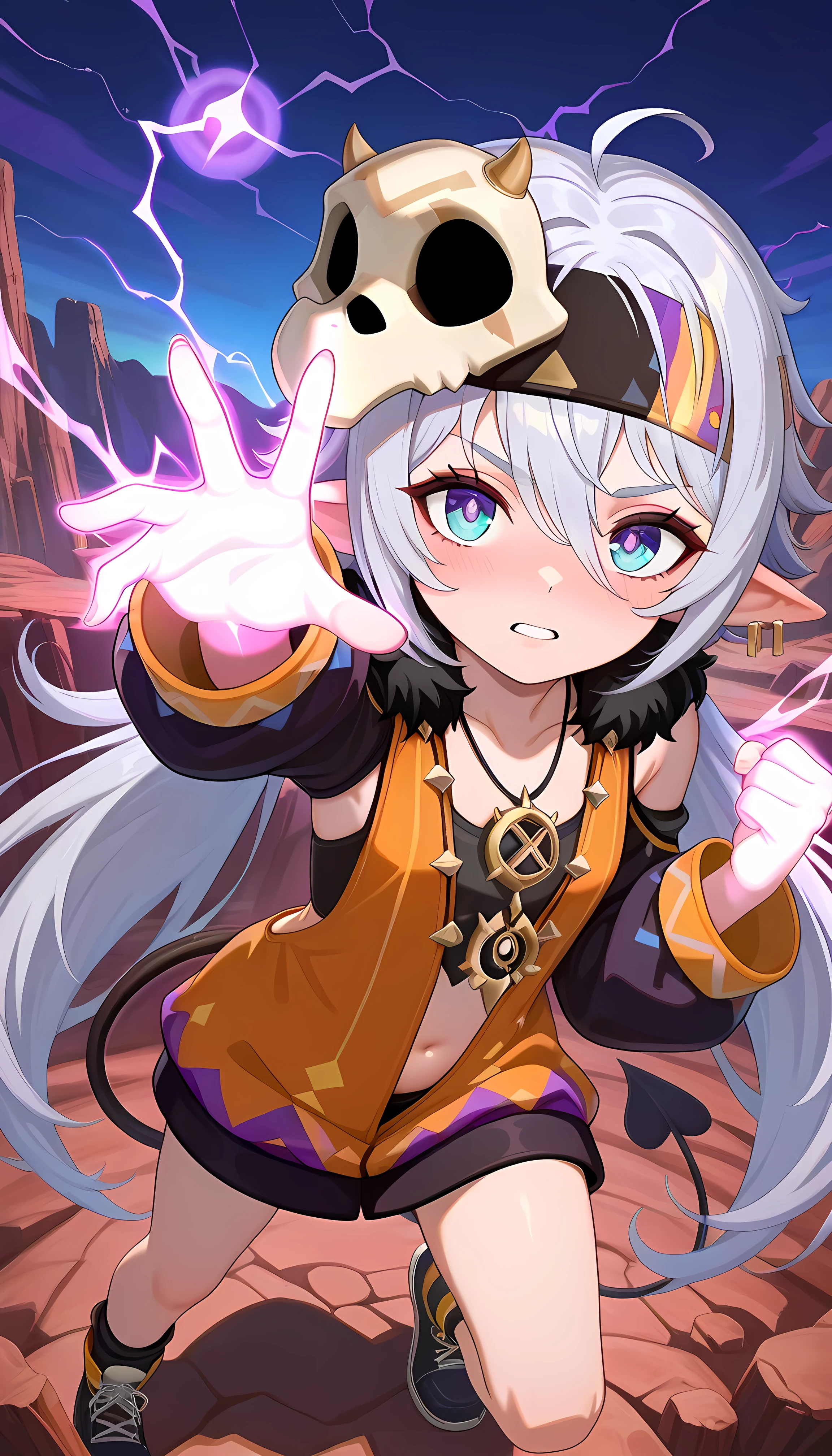 1人of女of子, solo, Old age_Down, Valley, 彩color砂漠, Iansan, 褐colorof肌をした女性, white hair, long hair, Rose Tail, pointed ears, short, flin_chest on the desk, small, skull bones_mask, headband, cut off in a canyon_sleeve, Purple_feinhers, orange_ dress, belly button, plunging_neckline, black_good for sports, loose_Clothes, loose_shirt, necklace, earrings, tintoos, nose pinch, looking at_in_viewer, Bent_End, green_eye, language, blanking, superhero_Landing, knock on the ground, earthquake, Powerful, super-strength, Gripped _hand, Power supply_up, aura, Purple_energy, Purple lightning hands;
from_そof上, foreshortening, perspective, Depth_of_Field, fisheye lens from the sky, color_Contrast, cineminic_illumination, masterpiece, of the best quality, amazing quality, very aesthetic, アブサー dress, high definition, newest, Detailed Faces, volumetric illumination, ray tracing, 光of粒子, realistic shadows, , high definition, 4K, 8k,