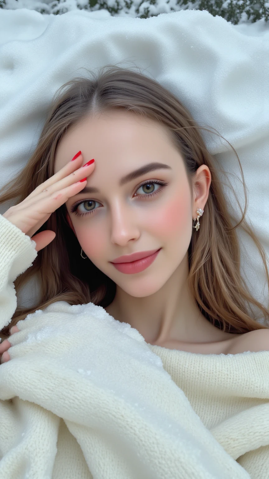 A woman with a perfect figure, big  for deep use, warm 겨울 패션 룩, High definition while lying on a huge amount of snow,4K, live action,realistic,Professional Level,dreamy,snowy,Winter Scenery ,cozy,warm, soft,Floating,snowflake,sky,cloud, Christmas Mood,Detailed description ,delicate,DC,delicate 감,oil painting, digital art