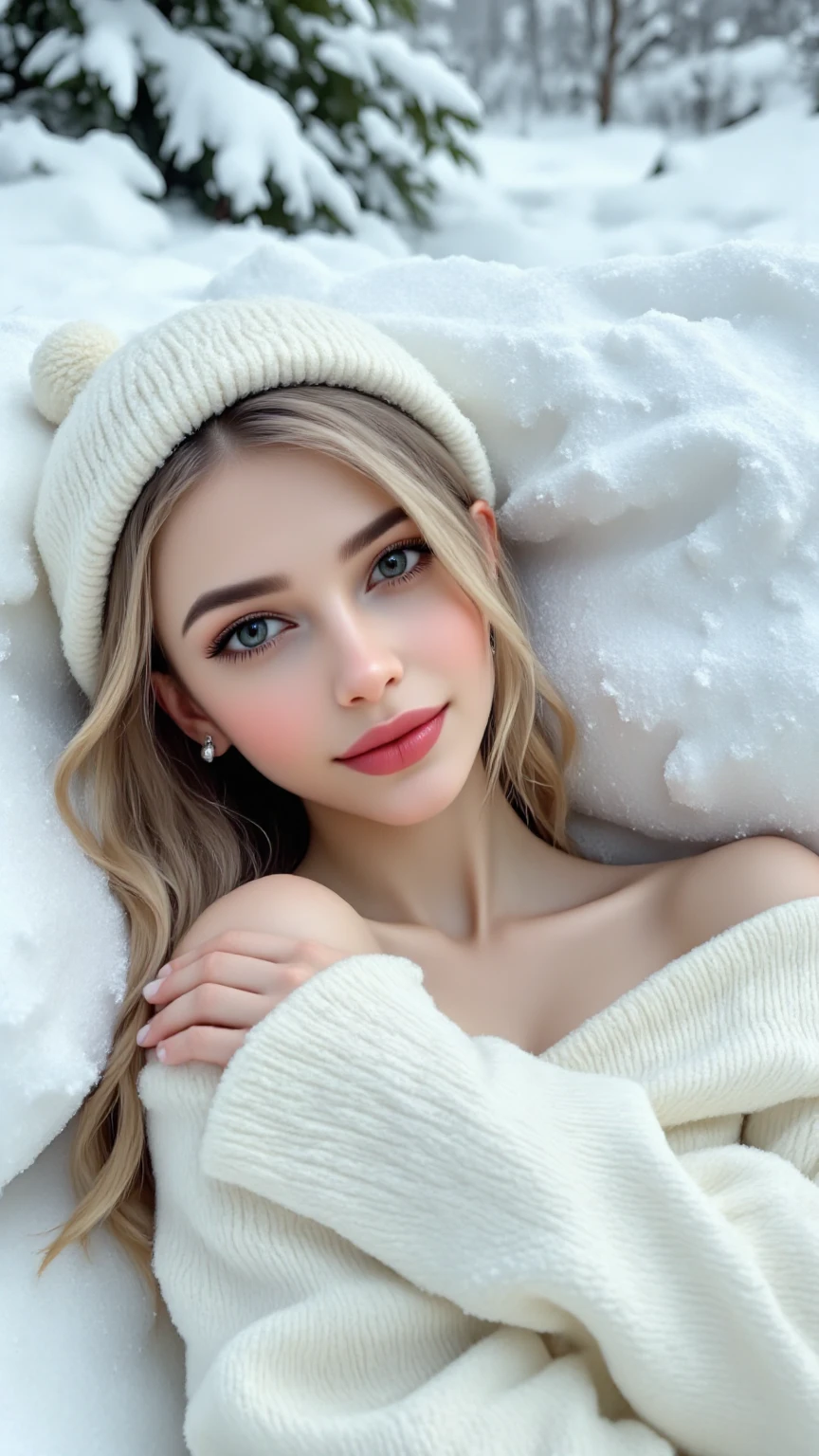 A woman with a perfect figure, big  for deep use, warm 겨울 패션 룩, High definition while lying on a huge amount of snow,4K, live action,realistic,Professional Level,dreamy,snowy,Winter Scenery ,cozy,warm, soft,Floating,snowflake,sky,cloud, Christmas Mood,Detailed description ,delicate,DC,delicate 감,oil painting, digital art